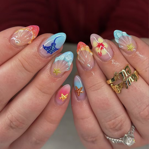 3D Press on False Nails  - Medium French Tip Fake Nails, Glossy Acrylic Nails Full Cover Floral Glue on Nails for Women Manicure 24Pcs view 2