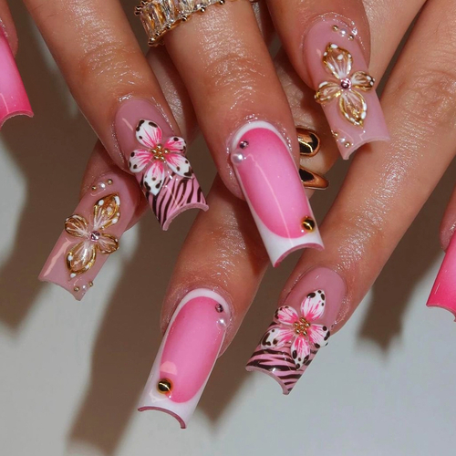 Long Square Press on False Nails for Women with 3d Coat Design Fake Nails Flower Nails 24pcs