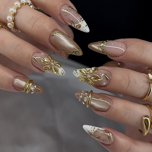 3D Press on False Nails  - Medium French Tip Fake Nails, Glossy Acrylic Nails Full Cover Floral Glue on Nails for Women Manicure 24Pcs view 5