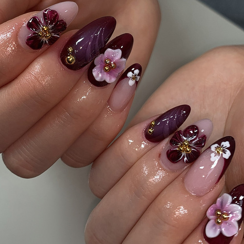 3D Press on False Nails  - Medium French Tip Fake Nails, Glossy Acrylic Nails Full Cover Floral Glue on Nails for Women Manicure 24Pcs view 4