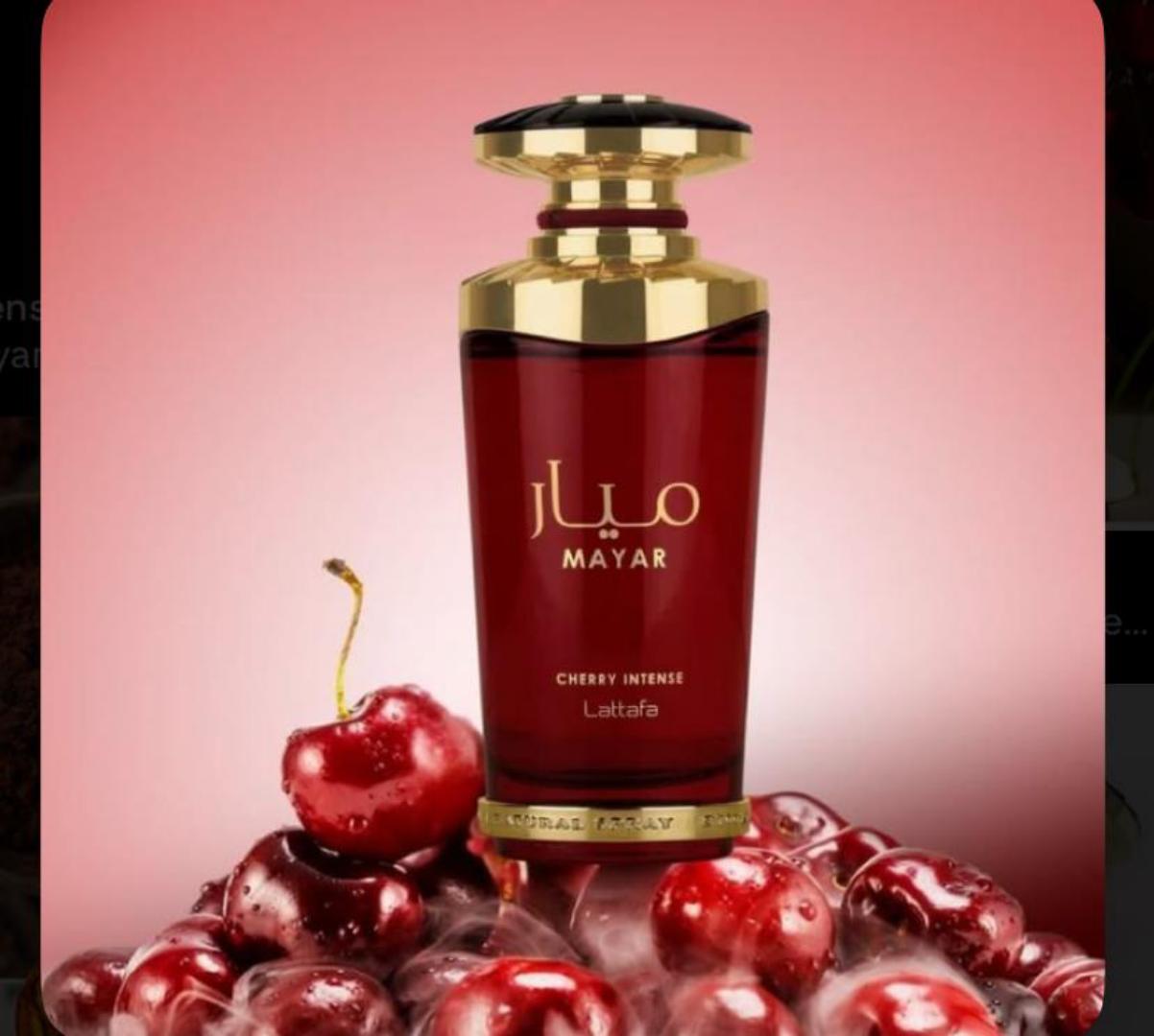 Lattafa Mayar Cherry Intense: Bold fruity-gourmand with juicy candied cherry, berries, almond, rose, vanilla, tonka, musk. Sweet, vibrant, warm, addictive. Smells like cherry jam + almond pastry. Femi