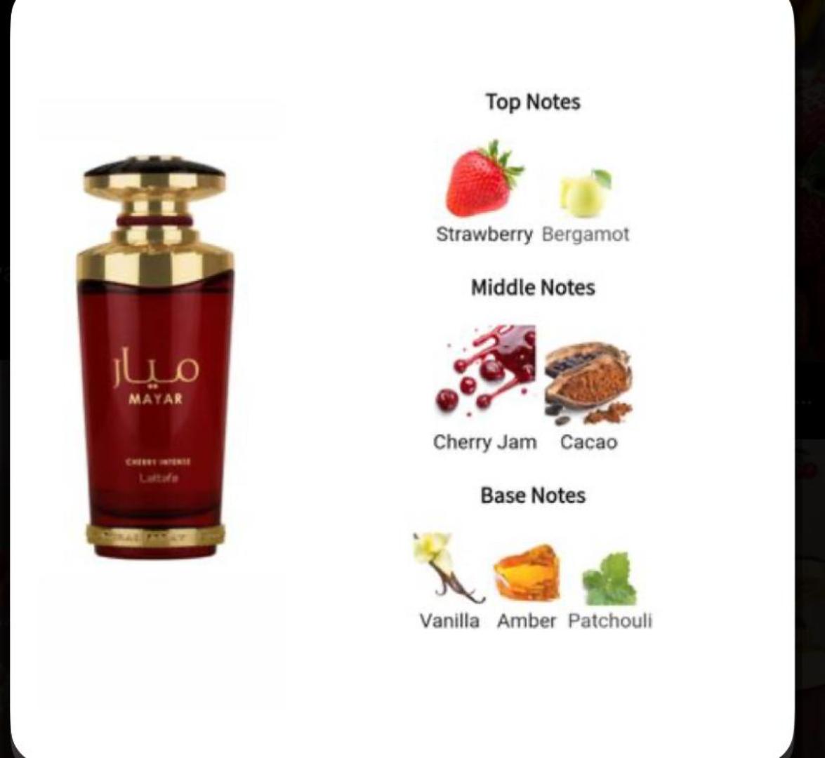 Lattafa Mayar Cherry Intense: Bold fruity-gourmand with juicy candied cherry, berries, almond, rose, vanilla, tonka, musk. Sweet, vibrant, warm, addictive. Smells like cherry jam + almond pastry. Femi