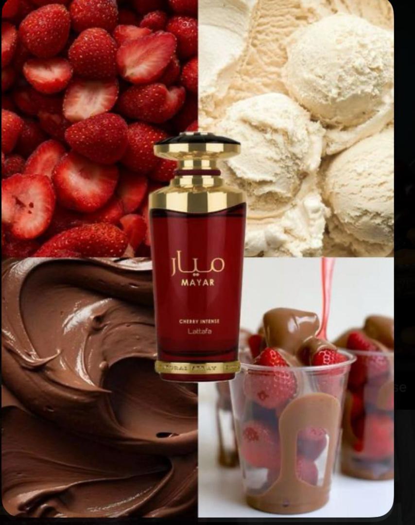 Lattafa Mayar Cherry Intense: Bold fruity-gourmand with juicy candied cherry, berries, almond, rose, vanilla, tonka, musk. Sweet, vibrant, warm, addictive. Smells like cherry jam + almond pastry. Femi