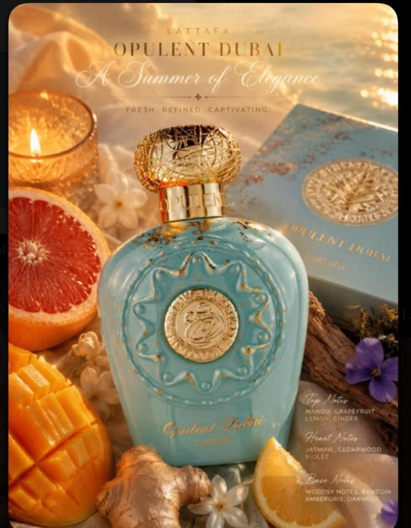 Lattafa Opulent Dubai: Rich gourmand-amber with lemon, saffron, nutmeg, rose, jasmine, guaiac wood, vanilla, tonka, oud, patchouli, musk. Spiced vanilla, creamy florals, smoky oud. Luxurious, sweet