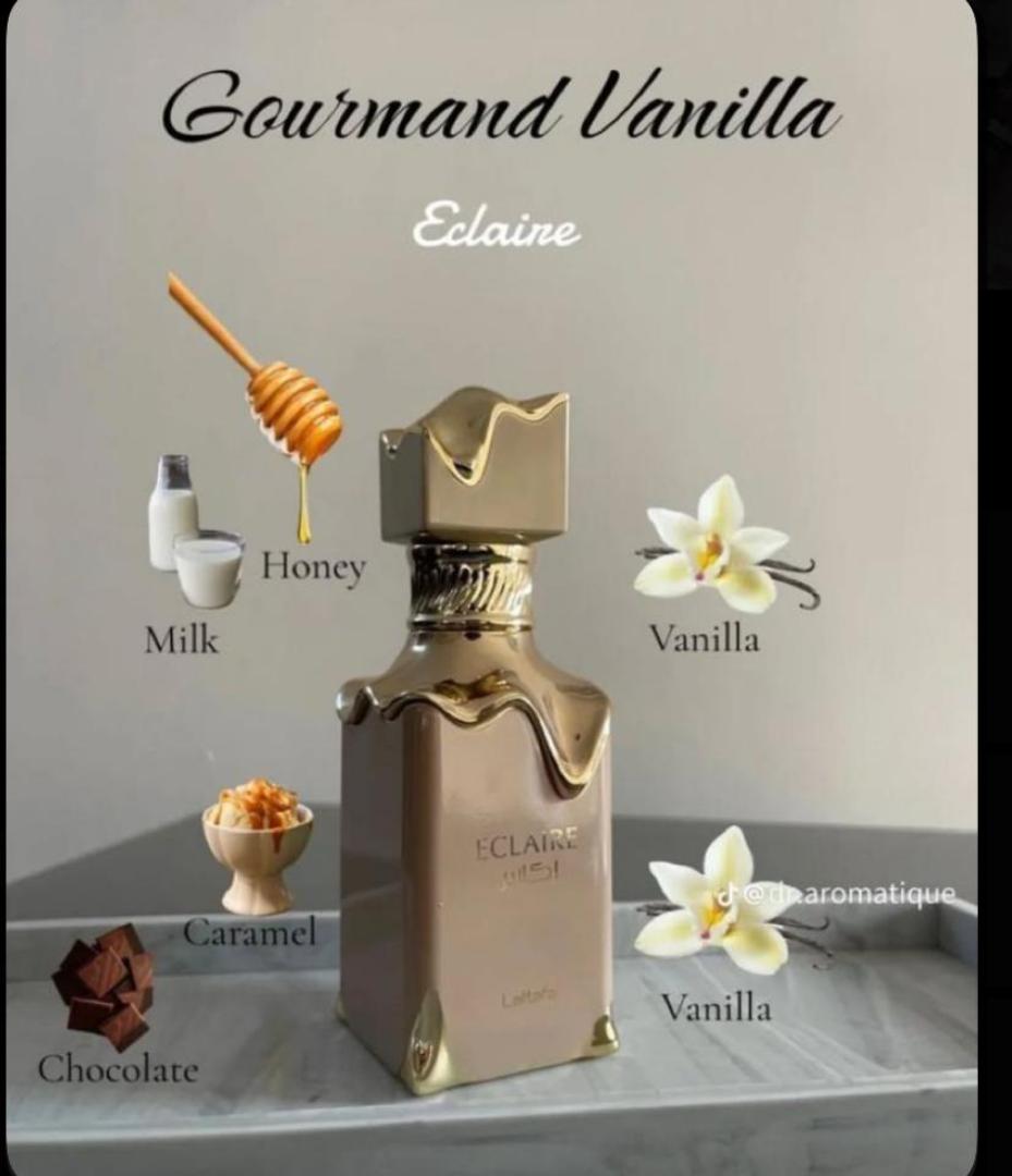 Lattafa Eclaire is a 100ml gourmand Eau de Parfum with a sweet, dessert-like profile. Notes of caramel, vanilla, and sugar create a warm, indulgent scent reminiscent of pastry. The bottle and box fe