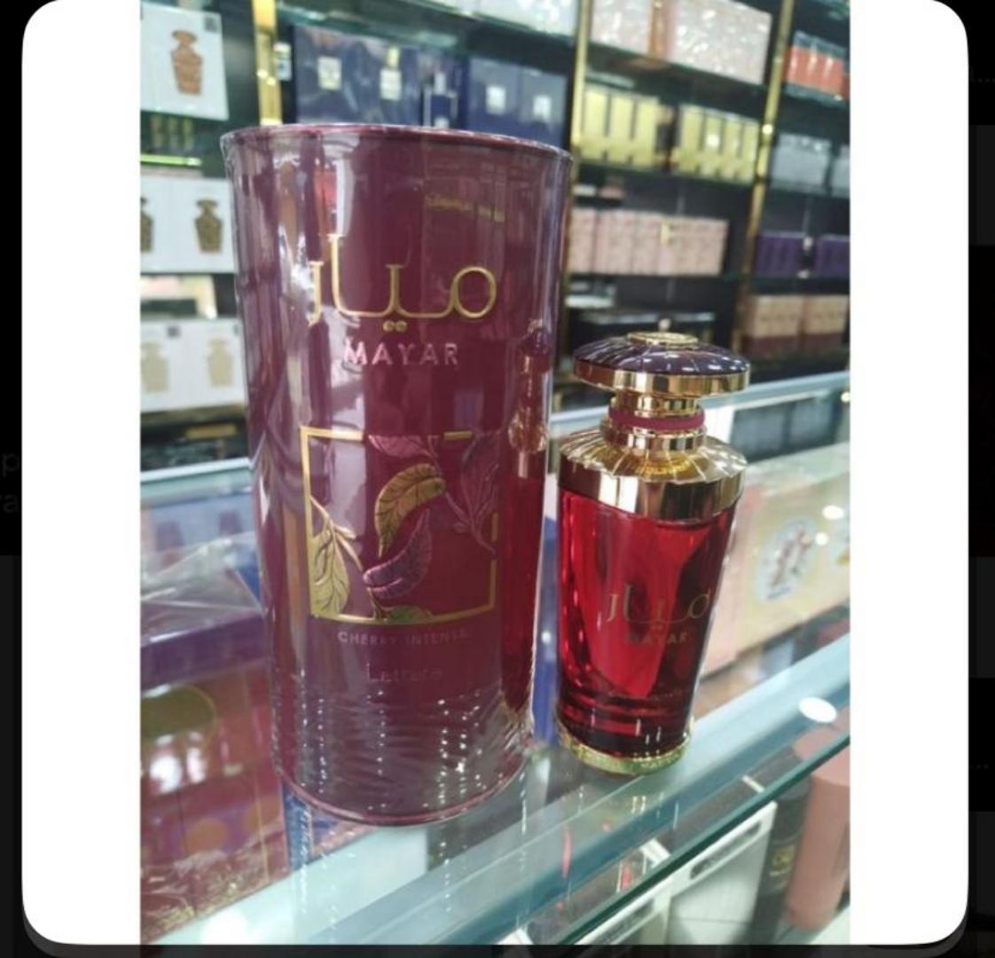 Lattafa Mayar Cherry Intense: Bold fruity-gourmand with juicy candied cherry, berries, almond, rose, vanilla, tonka, musk. Sweet, vibrant, warm, addictive. Smells like cherry jam + almond pastry. Femi