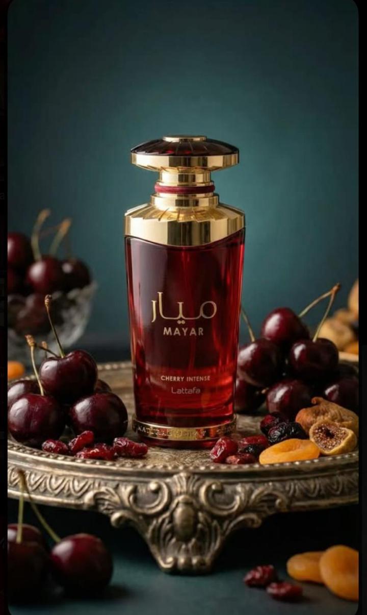Lattafa Mayar Cherry Intense: Bold fruity-gourmand with juicy candied cherry, berries, almond, rose, vanilla, tonka, musk. Sweet, vibrant, warm, addictive. Smells like cherry jam + almond pastry. Femi