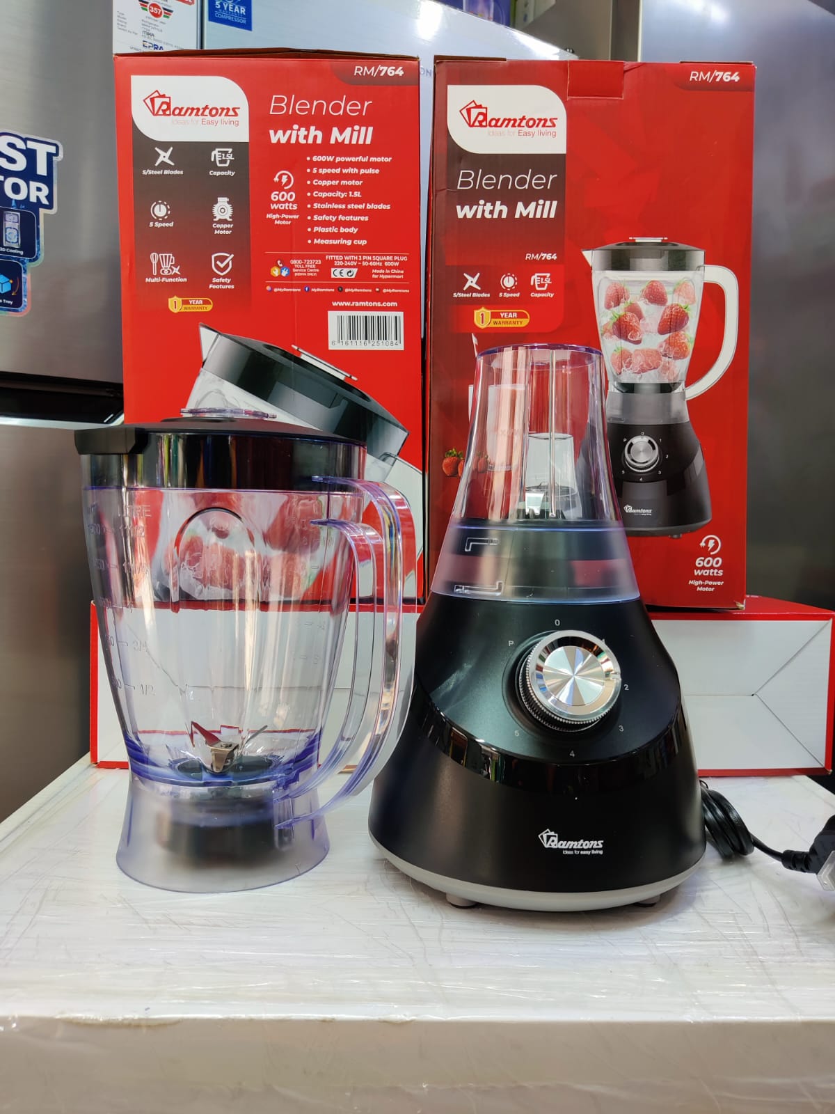 Ramtons RM/764 2-in-1 Blender with Grinder | Powerful Multi-Function Kitchen Blender 500W–600W, 1.5L Jar, Stainless Steel Blades, Smoothie Maker & Spice Grinder for Home Use
