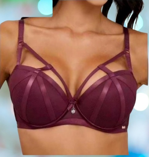 Elegant Strappy Cage Bra - Luxury Push-Up Lace Lingerie with Mesh Detail - Wine Red