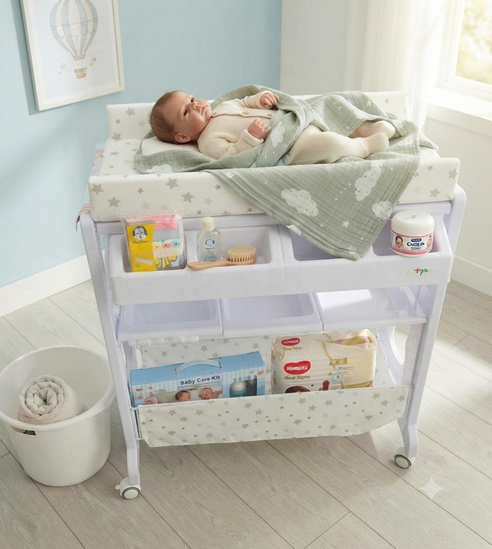 Baby Bath & Diaper Changing Station – Foldable Infant Bath Tub with Changing Table, Storage Shelves & Drain Hose
