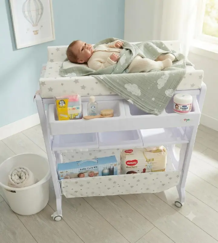 Baby Bath & Diaper Changing Station – Foldable Infant Bath Tub with Changing Table, Storage Shelves & Drain Hose