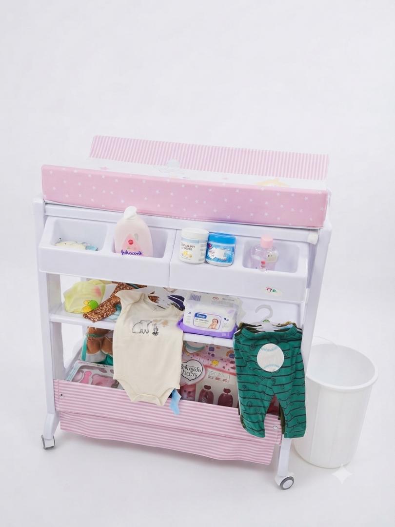 Baby Bath & Diaper Changing Station – Foldable Infant Bath Tub with Changing Table, Storage Shelves & Drain Hose