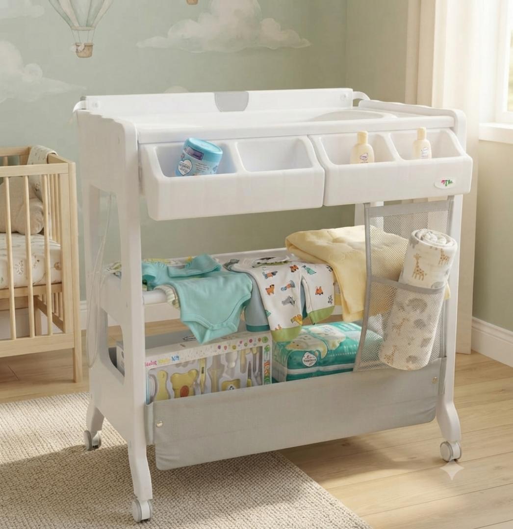 Baby Bath & Diaper Changing Station – Foldable Infant Bath Tub with Changing Table, Storage Shelves & Drain Hose