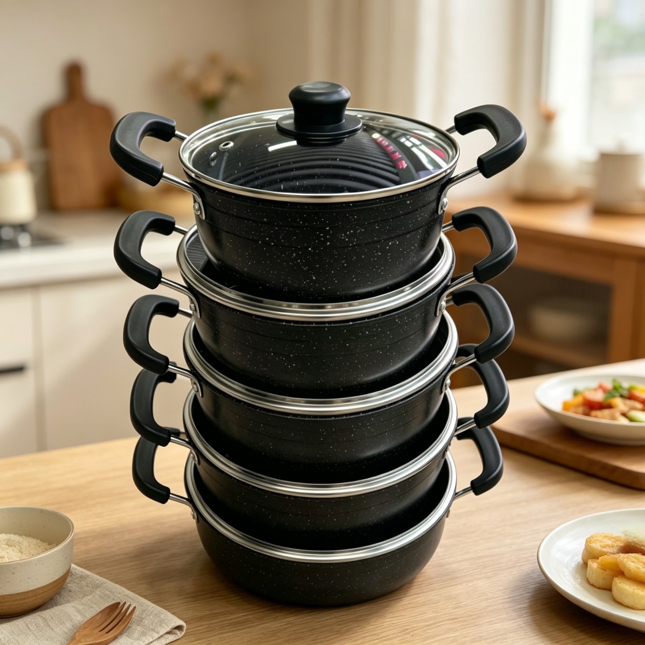 Non-Stick Sufuria Cooking Pot , Heat Resistant Handle,Non-stick Iron Marble Coating Cookware Set Sufuria Set Cooking Pot Set Suitable (6PCS 18/20/22/24/26/28CM Pots+6PCS Glass Lids)