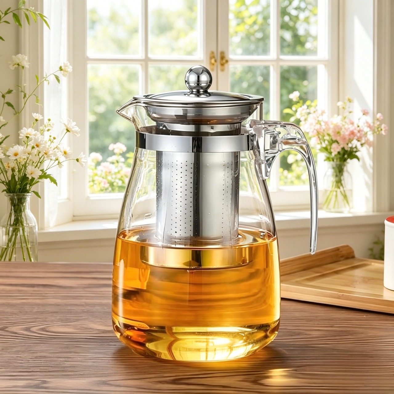 Elegant Clear Glass Tea Kettle with Built-in Strainer, Heat-Resistant Glass Teapot for Stove Top, Tea Lover Essential for Home Office, Hot Cold Water