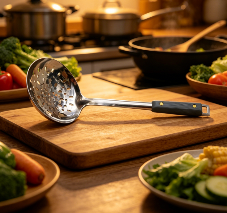 Stainless Steel Skimmer Strainer with Heat Resistant Handle, Metal Fry Pan Deep Pot Cooking Tool for Pancakes, Vegetables & Home Kitchen Use