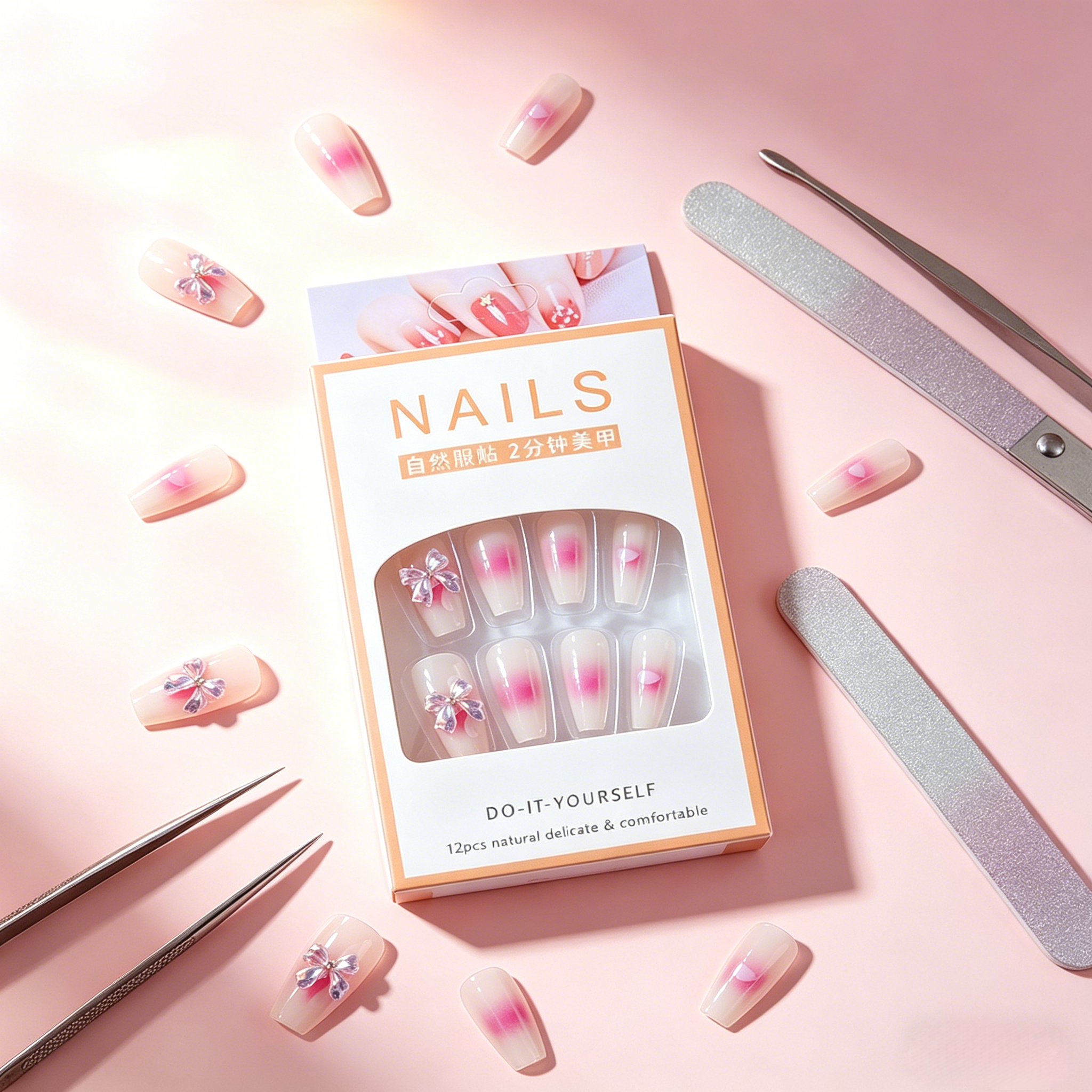 French False Nails（Give away jelly gelatin）Fake Nail Tips, Reusable Stick On Nails, Natural Nude Press Ons, Coffin Shape False Nails, Easy Glue On Nails, DIY Manicure Kit, Quick Press On Nails view 4
