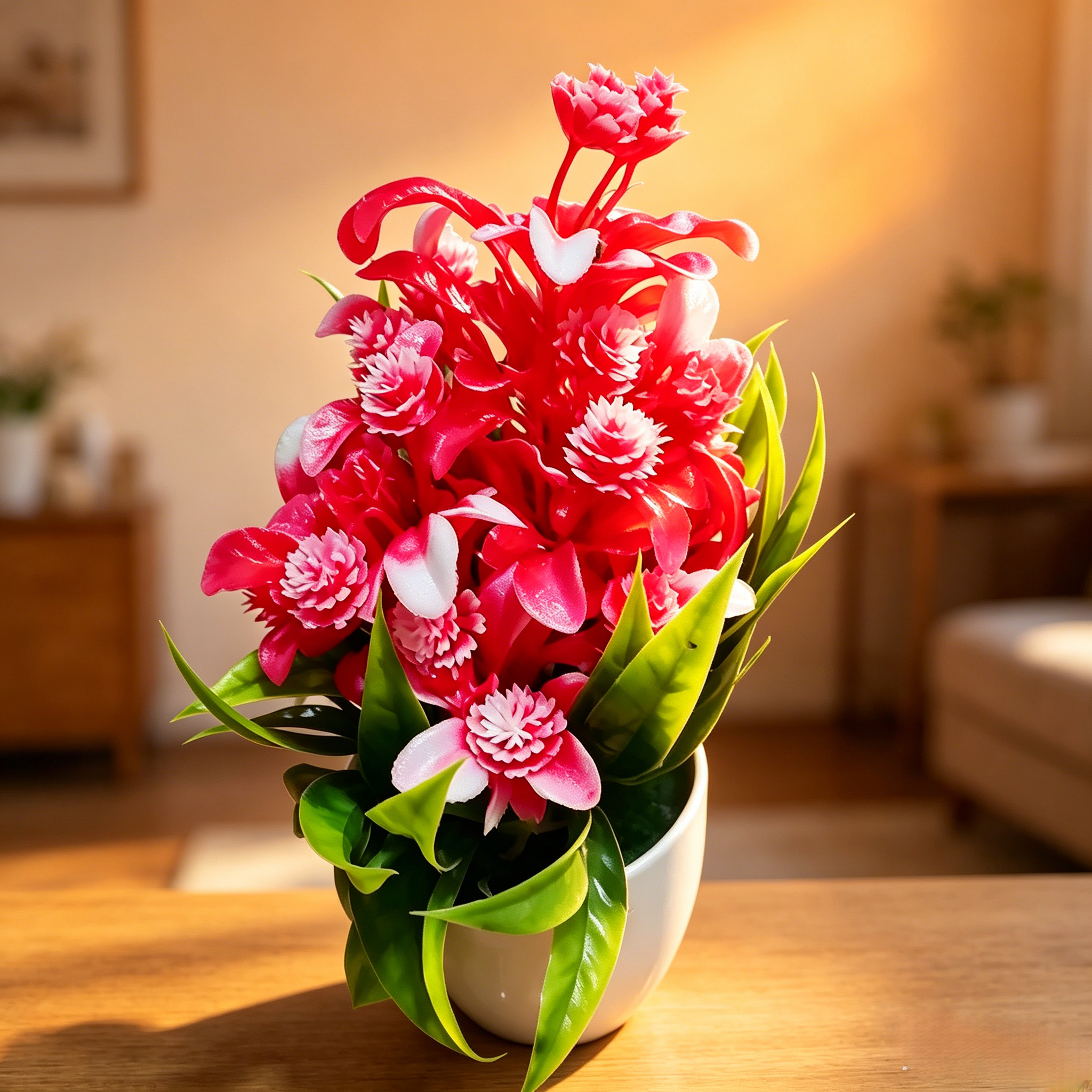 Fake Potted Artificial Flowers，Artificial Potted Plants, Fake Flowers with Base, All Season Decor for Dining Table, Desktop, Home, Bathroom & Office Decoration