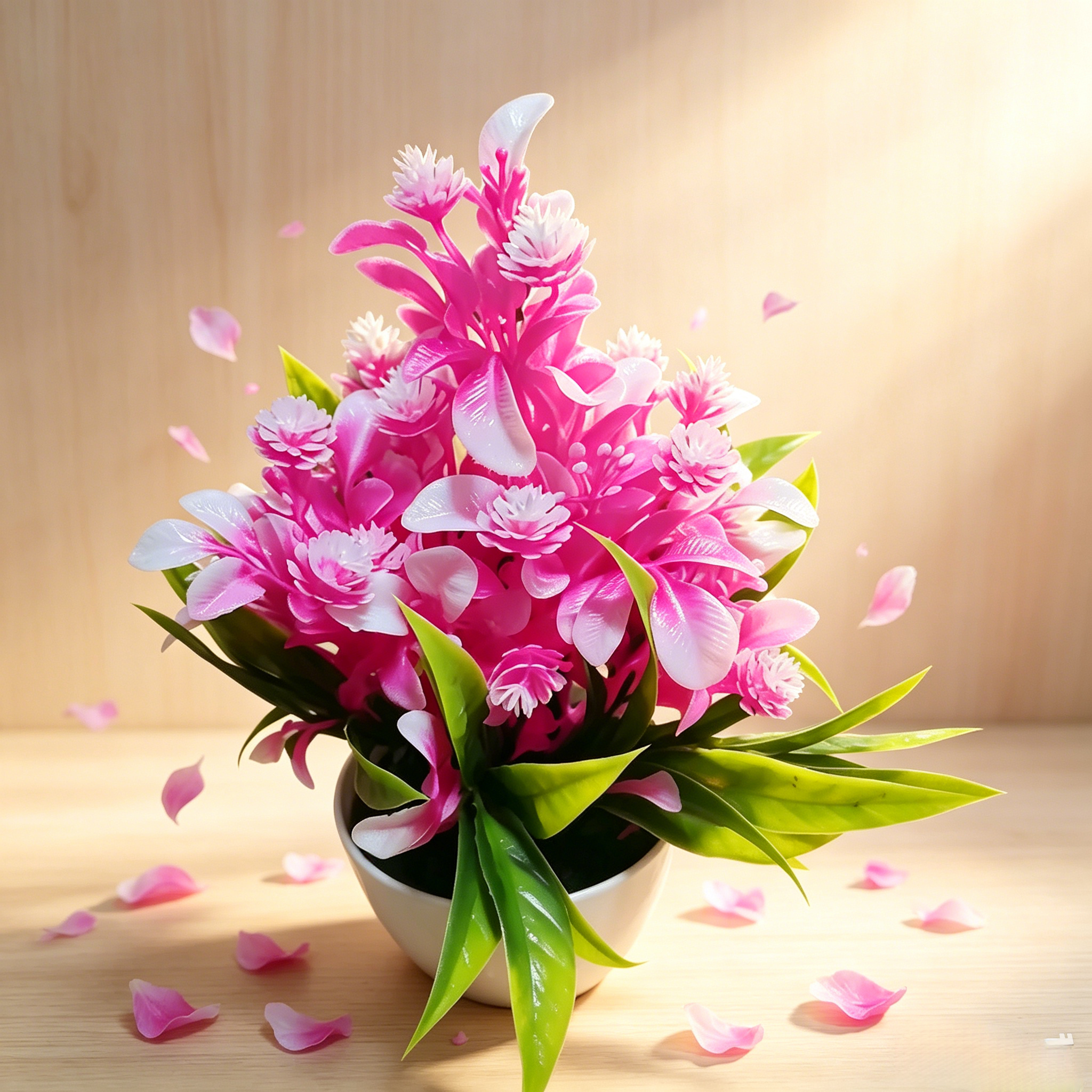 Fake Potted Artificial Flowers，Artificial Potted Plants, Fake Flowers with Base, All Season Decor for Dining Table, Desktop, Home, Bathroom & Office Decoration