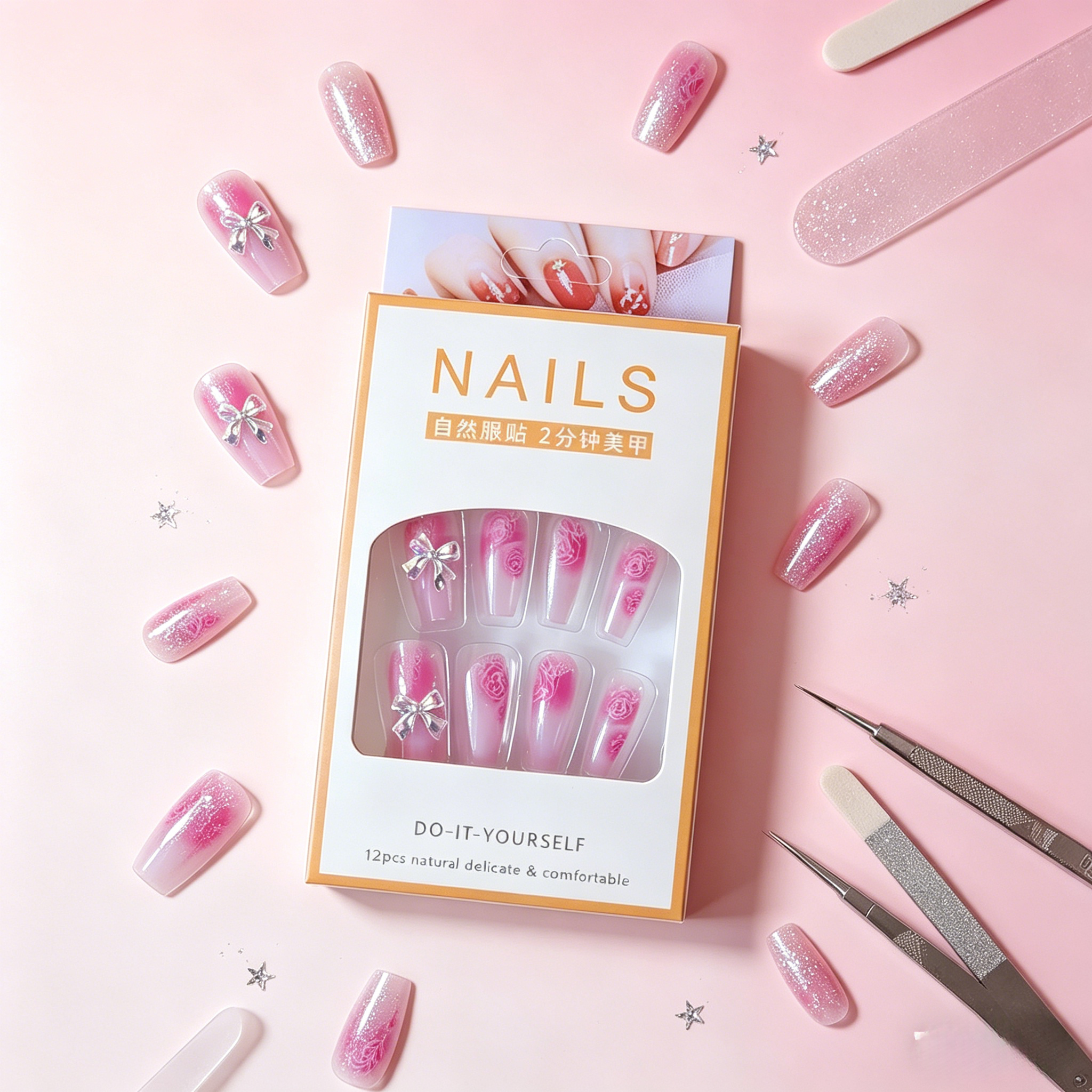 French False Nails（Give away jelly gelatin）Fake Nail Tips, Reusable Stick On Nails, Natural Nude Press Ons, Coffin Shape False Nails, Easy Glue On Nails, DIY Manicure Kit, Quick Press On Nails view 3