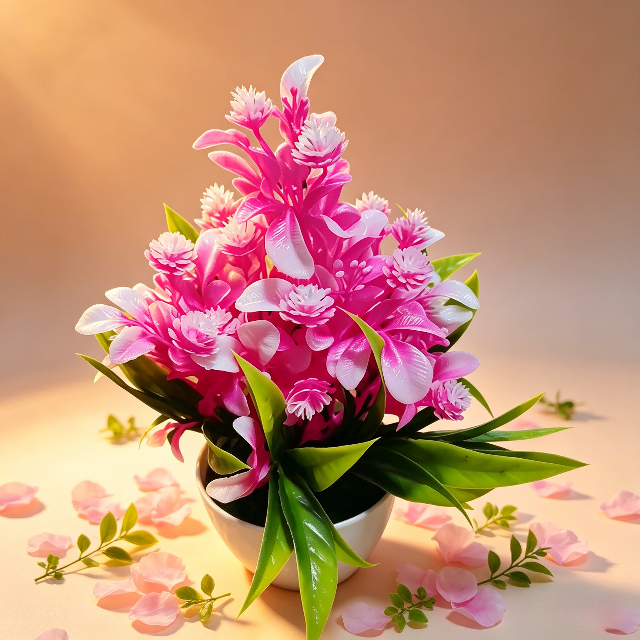 Fake Potted Artificial Flowers，Artificial Potted Plants, Fake Flowers with Base, All Season Decor for Dining Table, Desktop, Home, Bathroom & Office Decoration