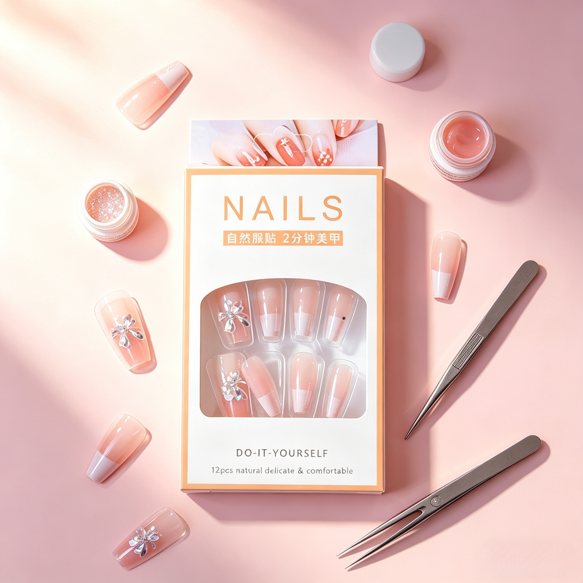 French False Nails（Give away jelly gelatin）Fake Nail Tips, Reusable Stick On Nails, Natural Nude Press Ons, Coffin Shape False Nails, Easy Glue On Nails, DIY Manicure Kit, Quick Press On Nails view 6