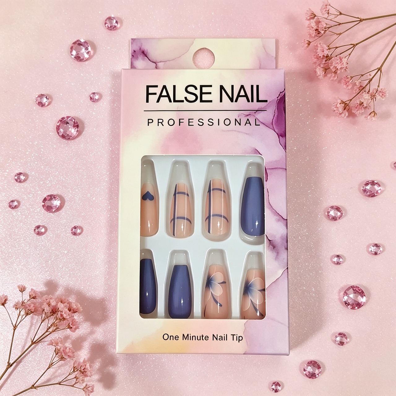 Blue Flower & Heart Press-On Nails |  Reusable False Nail Tips for Women,Reusable False Nails / Fashion Nail Tips / Easy Wear Nails / Nail Art Kit(Give away jelly gelatin)