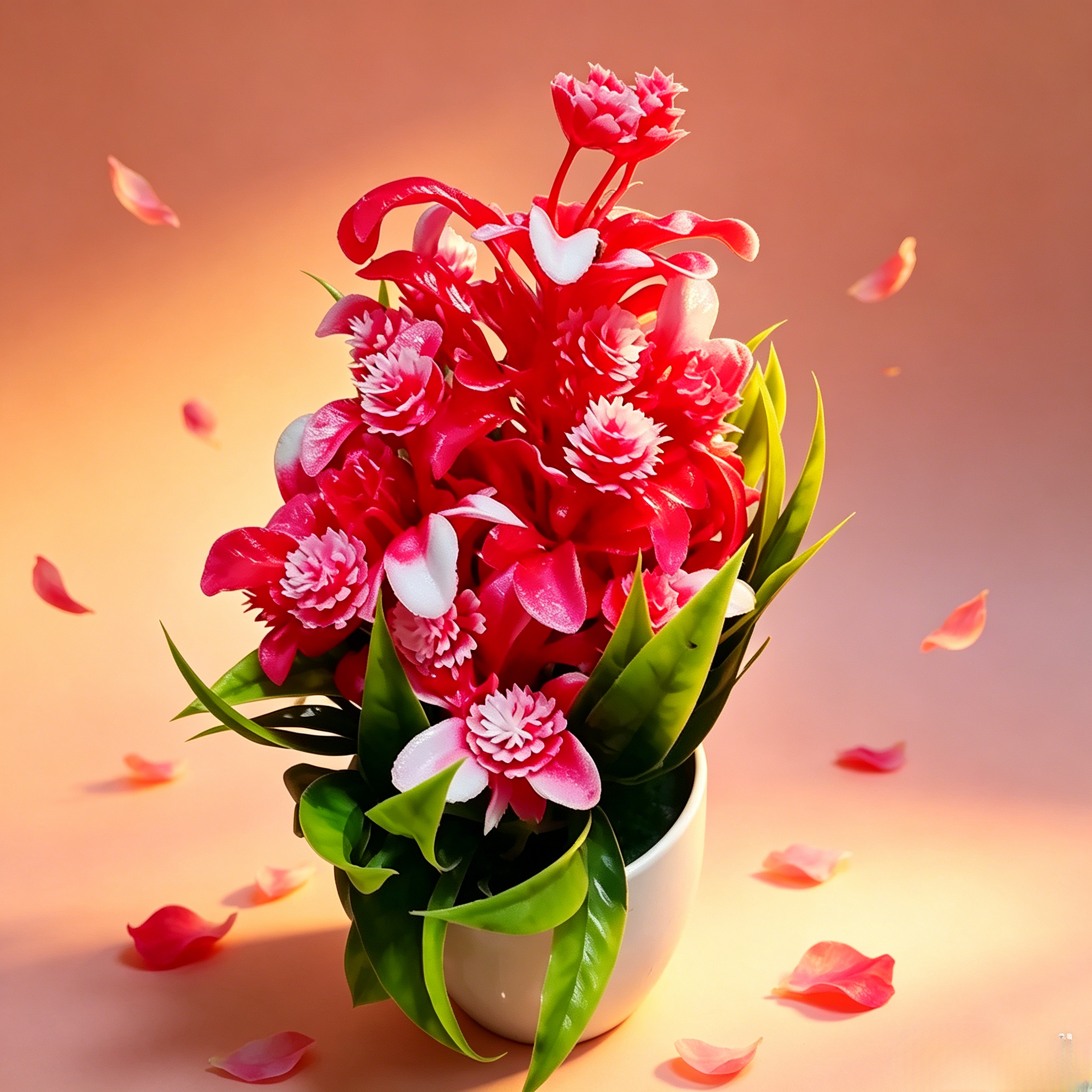 Fake Potted Artificial Flowers，Artificial Potted Plants, Fake Flowers with Base, All Season Decor for Dining Table, Desktop, Home, Bathroom & Office Decoration
