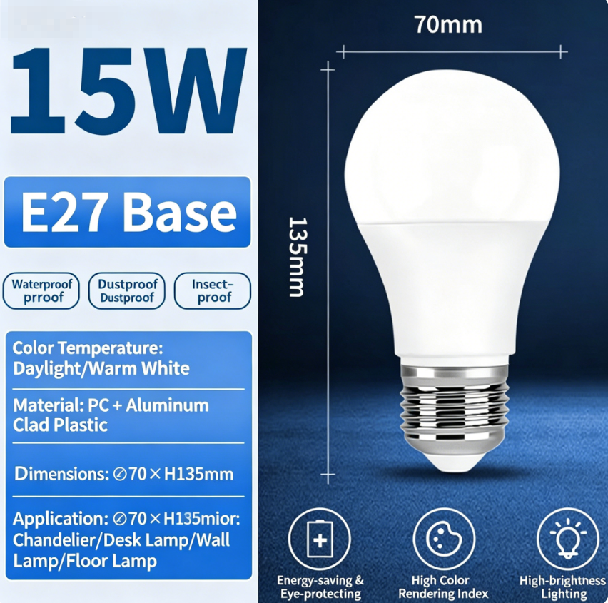 12W/15W rotary LED bulbs, energy-saving indoor lighting products, suitable for homes, kitchens, bedrooms and factories.