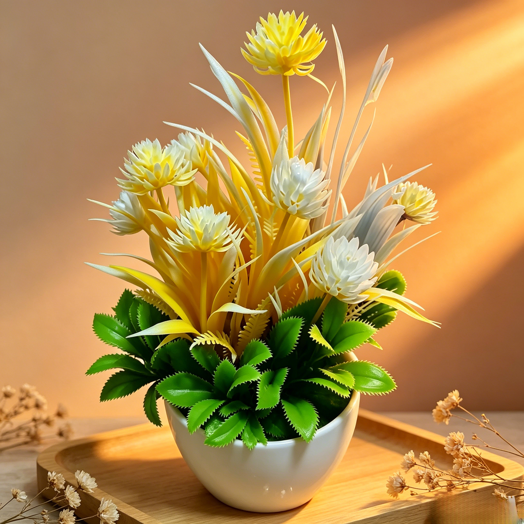 2pcs Fake Potted Artificial Flowers，Artificial Potted Plants, Fake Flowers with Base, All Season Decor for Dining Table, Desktop, Home, Bathroom & Office Decoration