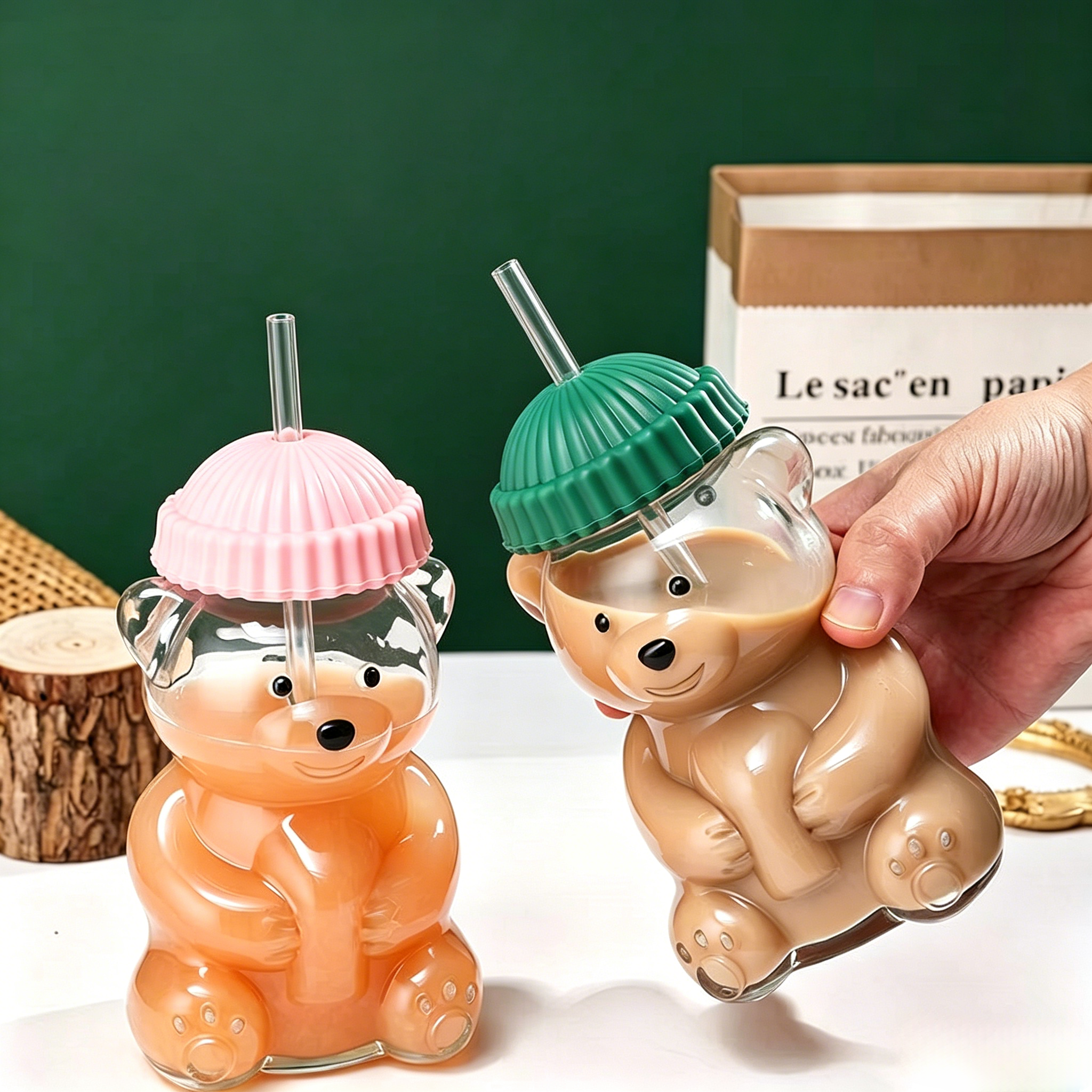 Bear Glass Cup、Glass Tumbler with Lid and Straw,600ml Cute Bear Glass Cup With Lid & Straw, Cartoon Drinking Mug for Juice Milk Coffee, Perfect Gift for Kids & Adults