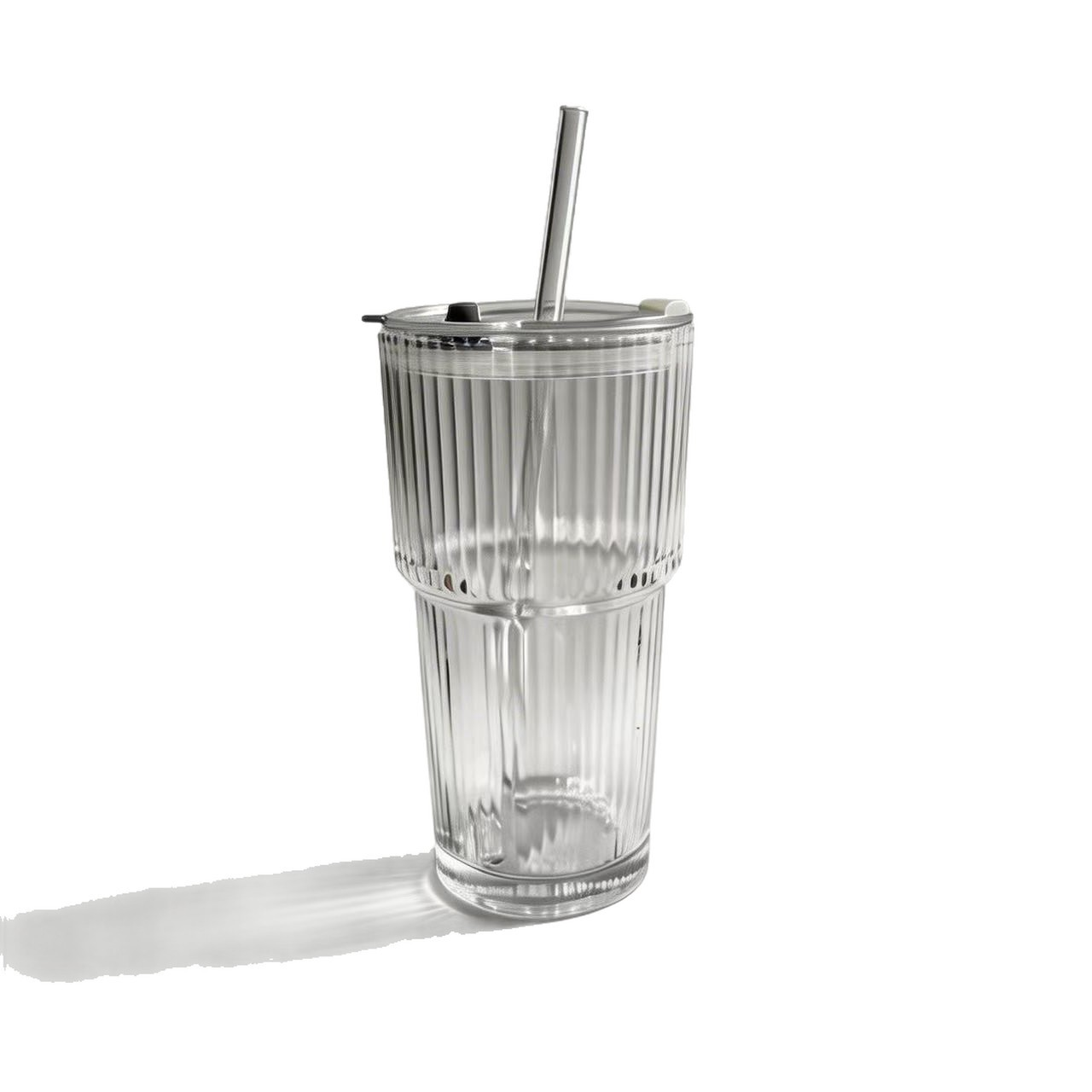 450ml Vertical Striped Glass Cup With Straw & Leak Proof Lid, Reusable Drinking Glass Mug for Home Office Daily Use