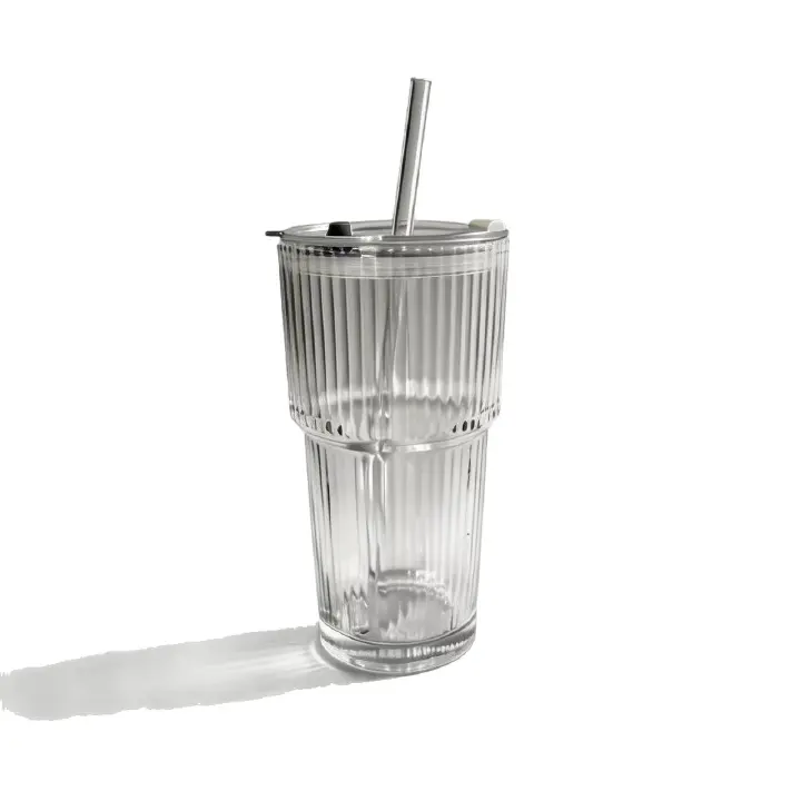 450ml Vertical Striped Glass Cup With Straw & Leak Proof Lid, Reusable Drinking Glass Mug for Home Office Daily Use
