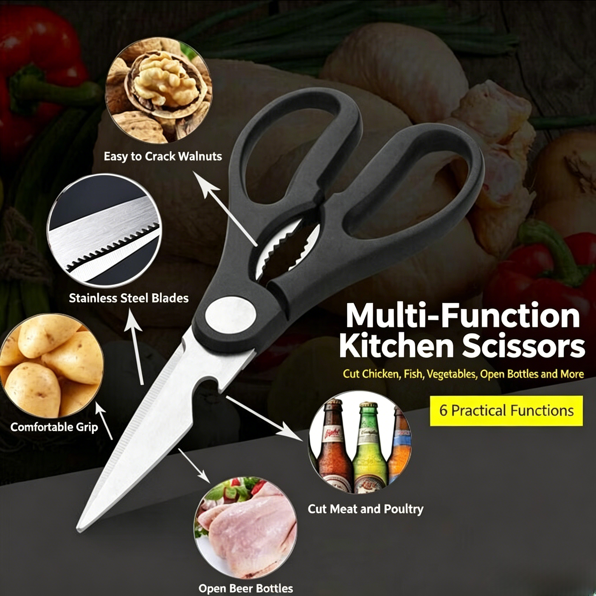 kitchen scissors, poultry scissors, bone cutting scissors, multifunctional kitchen shears, fish cutting scissors, chicken bone scissors, household kitchen cutter, food scissors, barbecue shears