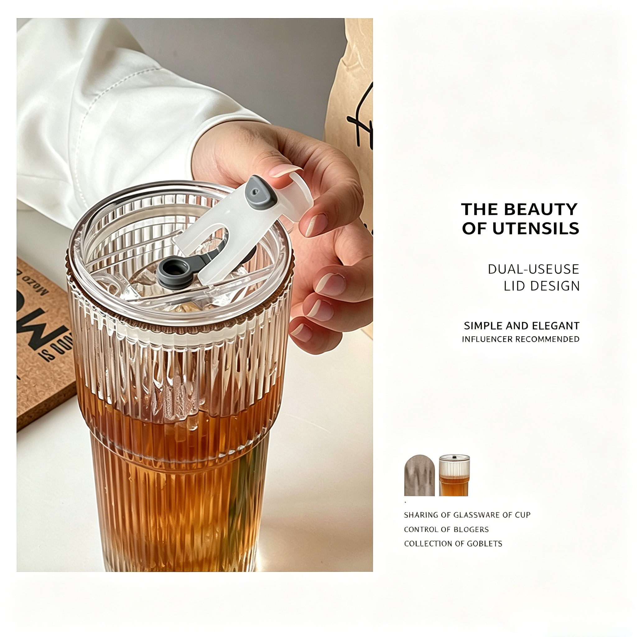 450ml Vertical Striped Glass Cup With Straw & Leak Proof Lid, Reusable Drinking Glass Mug for Home Office Daily Use