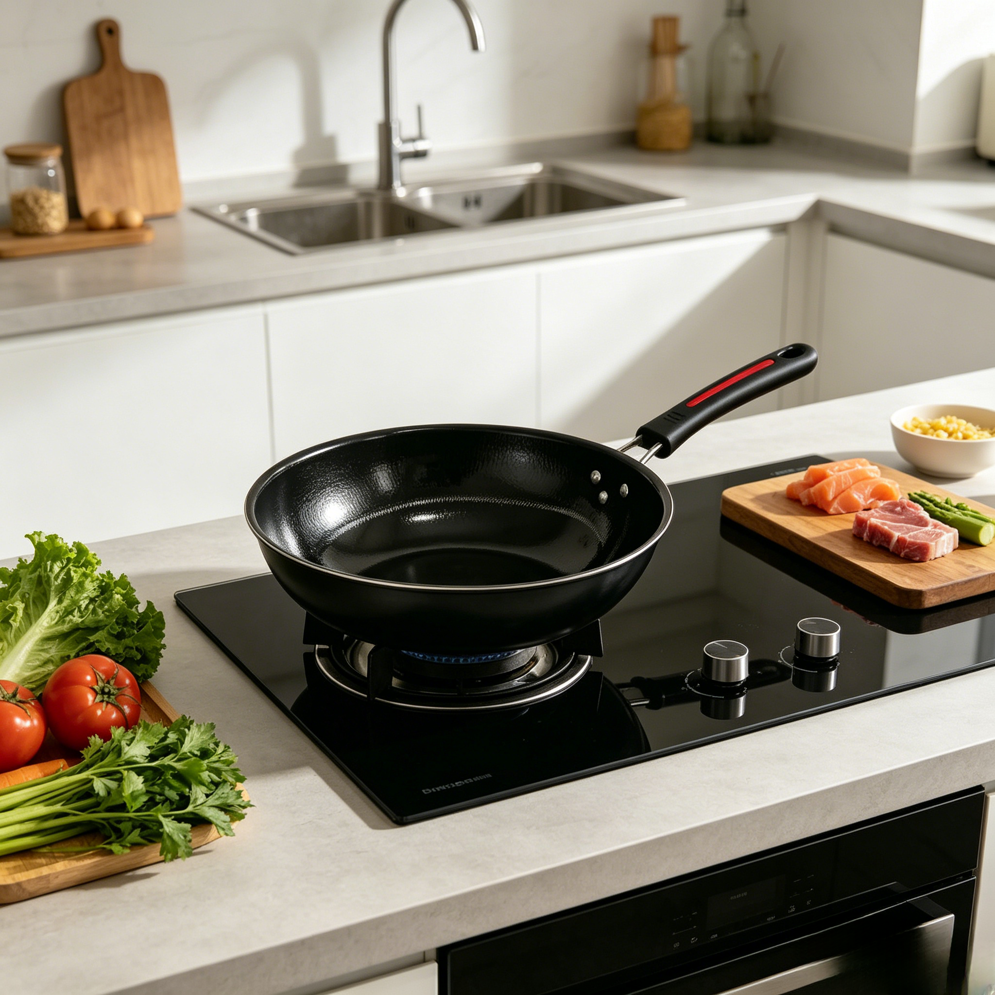 32CM Triple Layer Non Stick Aluminium Frying Pan Multi Purpose Chapati Sufuria Cooking Pan For Fry Deep Fry Stir Fry Home Kitchen Cookware（heat resistant handle）
