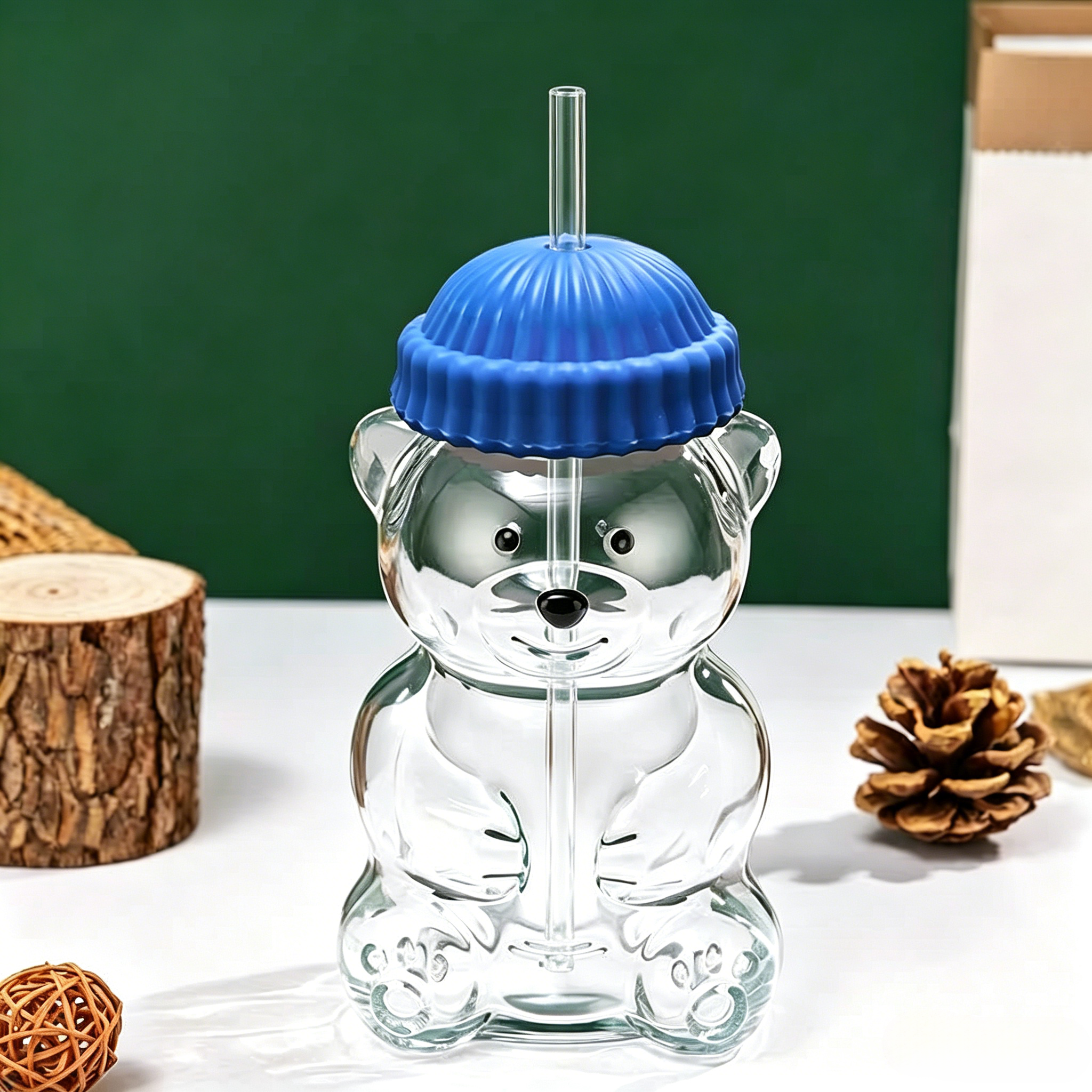 Bear Glass Cup、Glass Tumbler with Lid and Straw,600ml Cute Bear Glass Cup With Lid & Straw, Cartoon Drinking Mug for Juice Milk Coffee, Perfect Gift for Kids & Adults