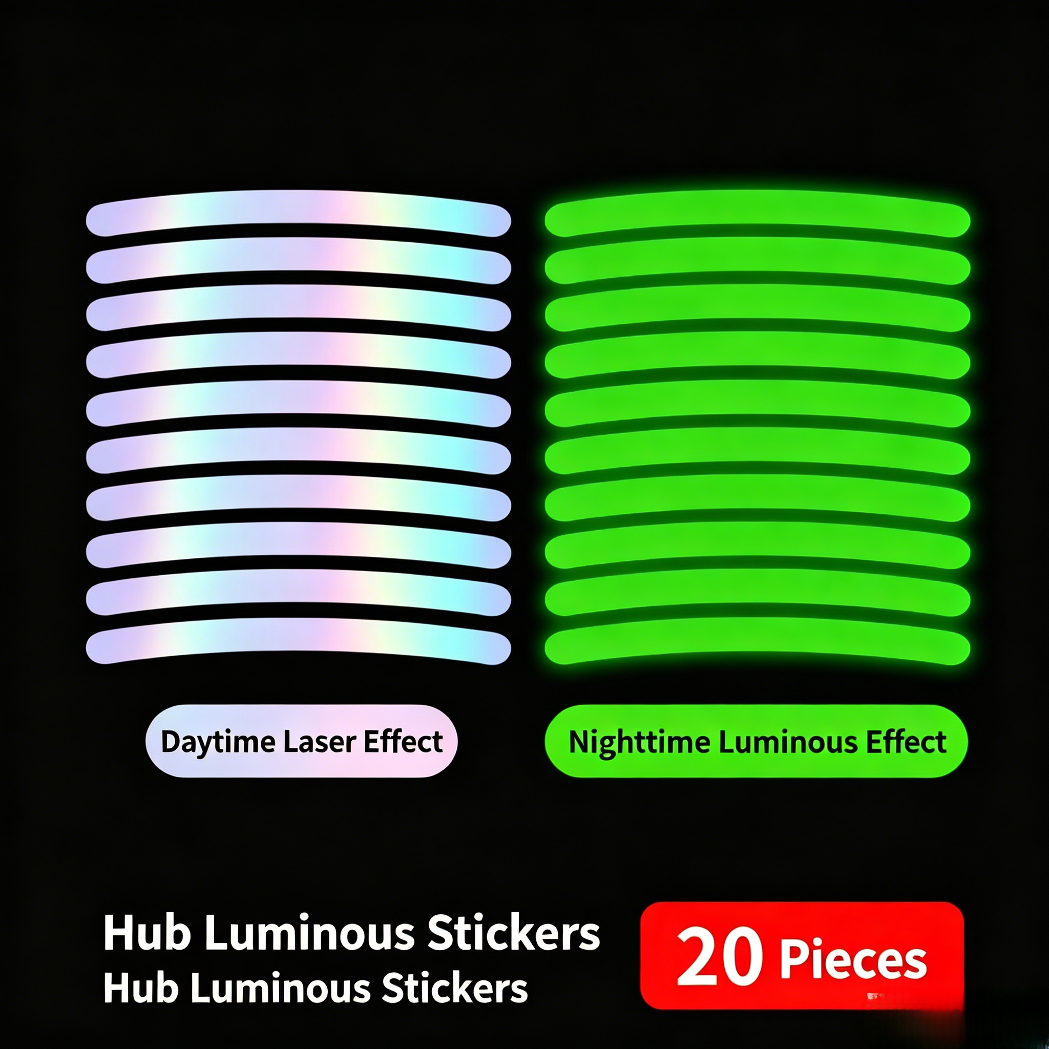 20Pcs Luminous Wheel Hub Reflective Stickers, Night Safety Fluorescent Rim Warning Decals, Universal For Car Boda Boda Scooter Bicycle Motorcycle, Auto Styling Safety Accessories