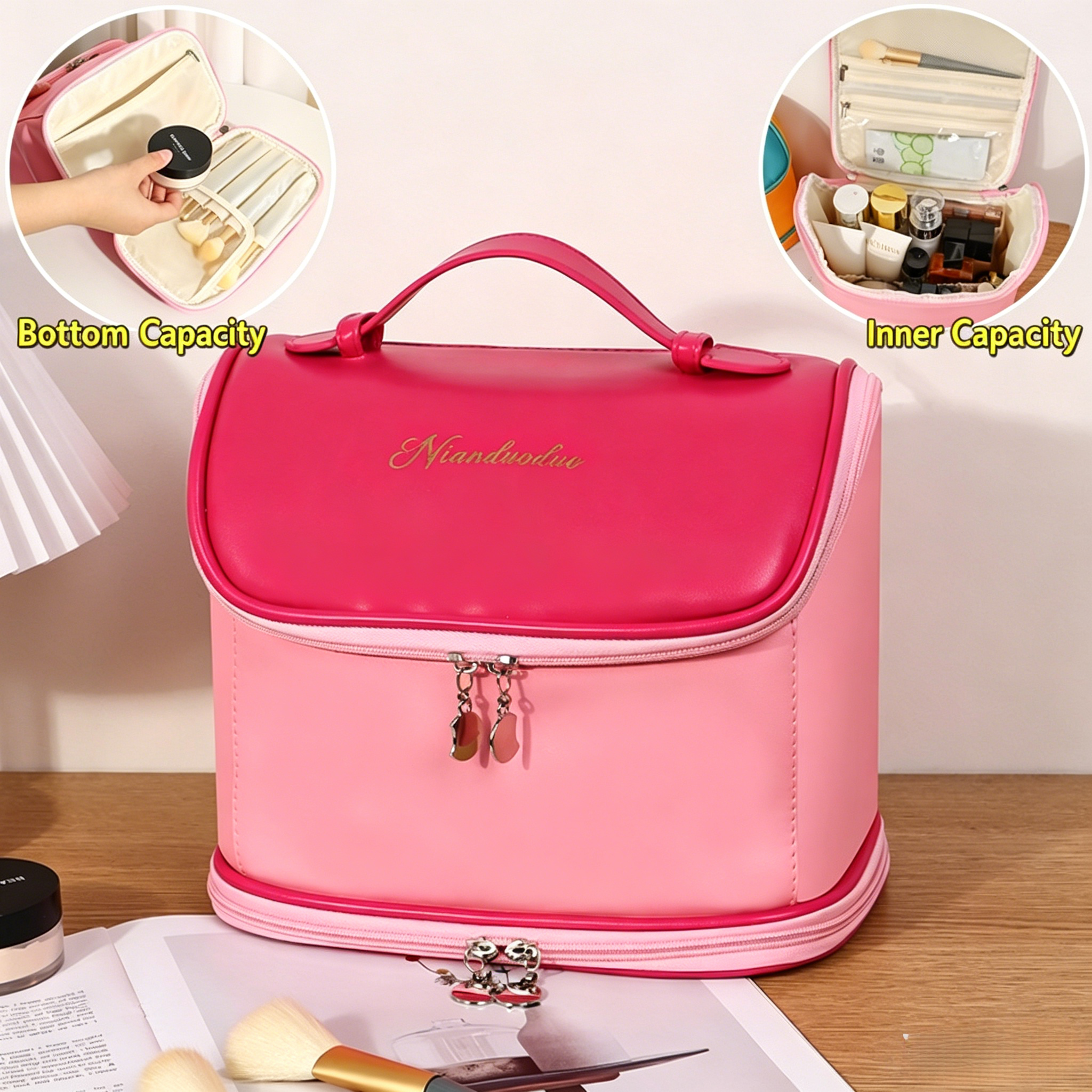 Large Capacity Waterproof PU Travel Cosmetic Bag, Portable Multifunctional Toiletry Bag, Women Makeup Storage Pouch for Travel & Bathroom