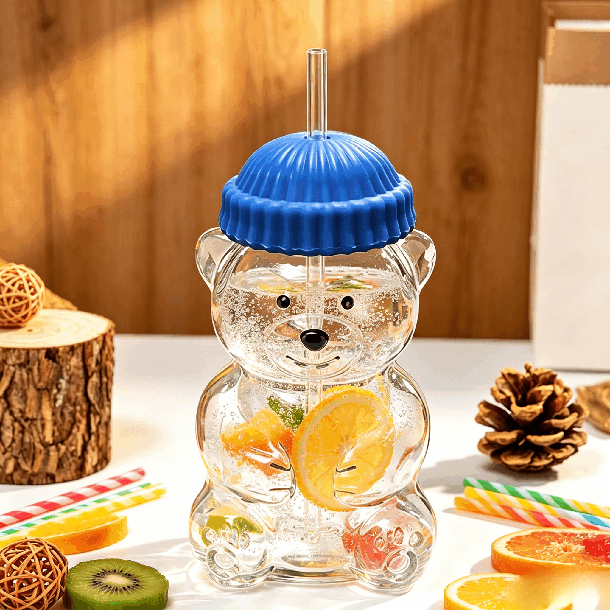 Bear Glass Cup、Glass Tumbler with Lid and Straw,600ml Cute Bear Glass Cup With Lid & Straw, Cartoon Drinking Mug for Juice Milk Coffee, Perfect Gift for Kids & Adults