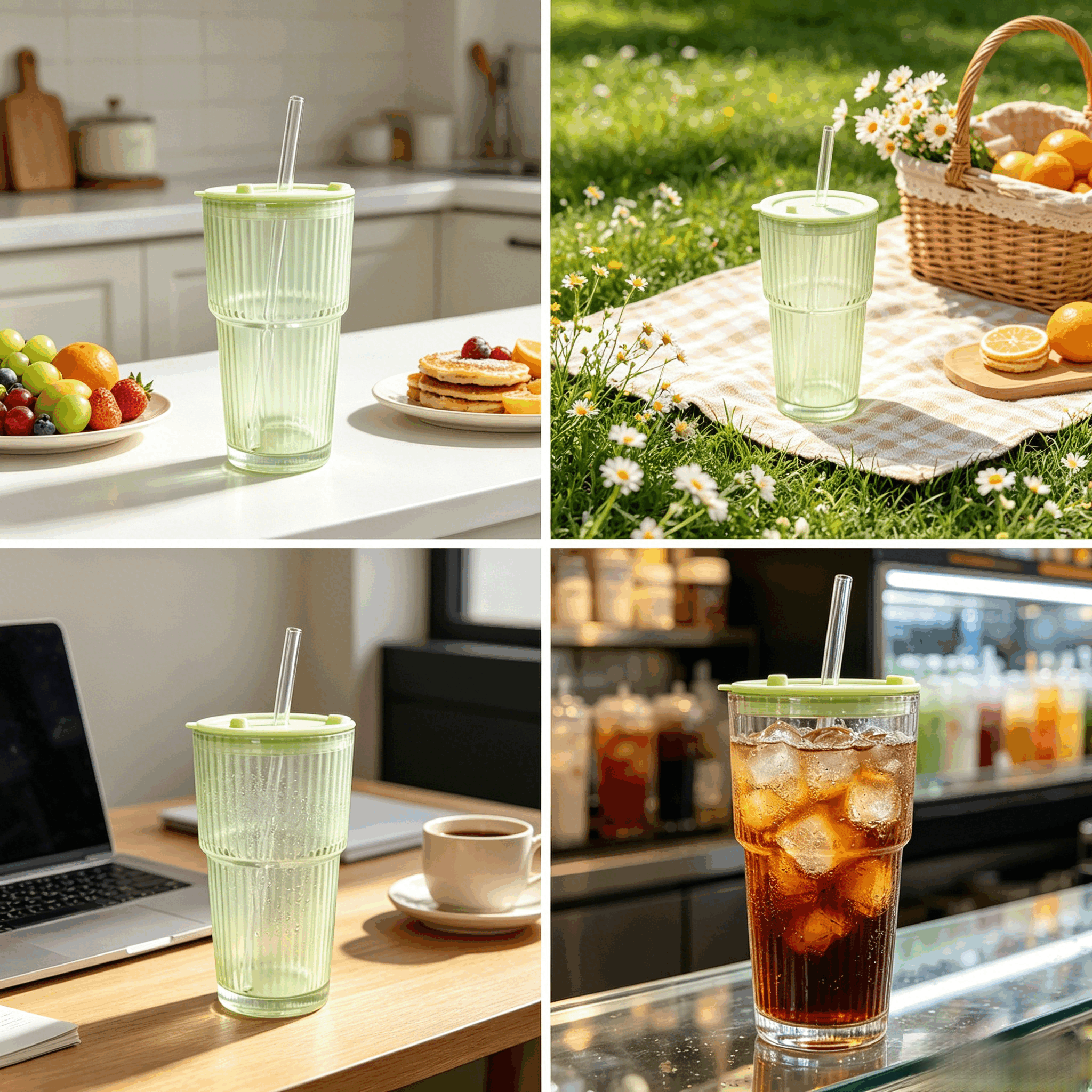 450ml Vertical Striped Glass Cup With Straw & Leak Proof Lid, Reusable Drinking Glass Mug for Home Office Daily Use