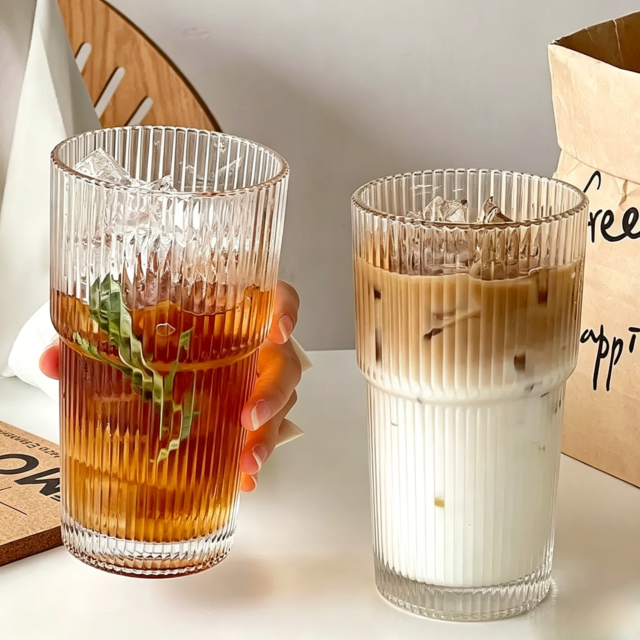 450ml Vertical Striped Glass Cup With Straw & Leak Proof Lid, Reusable Drinking Glass Mug for Home Office Daily Use