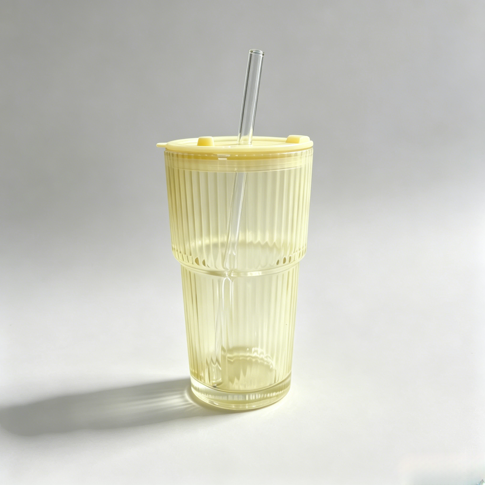 450ml Vertical Striped Glass Cup With Straw & Leak Proof Lid, Reusable Drinking Glass Mug for Home Office Daily Use