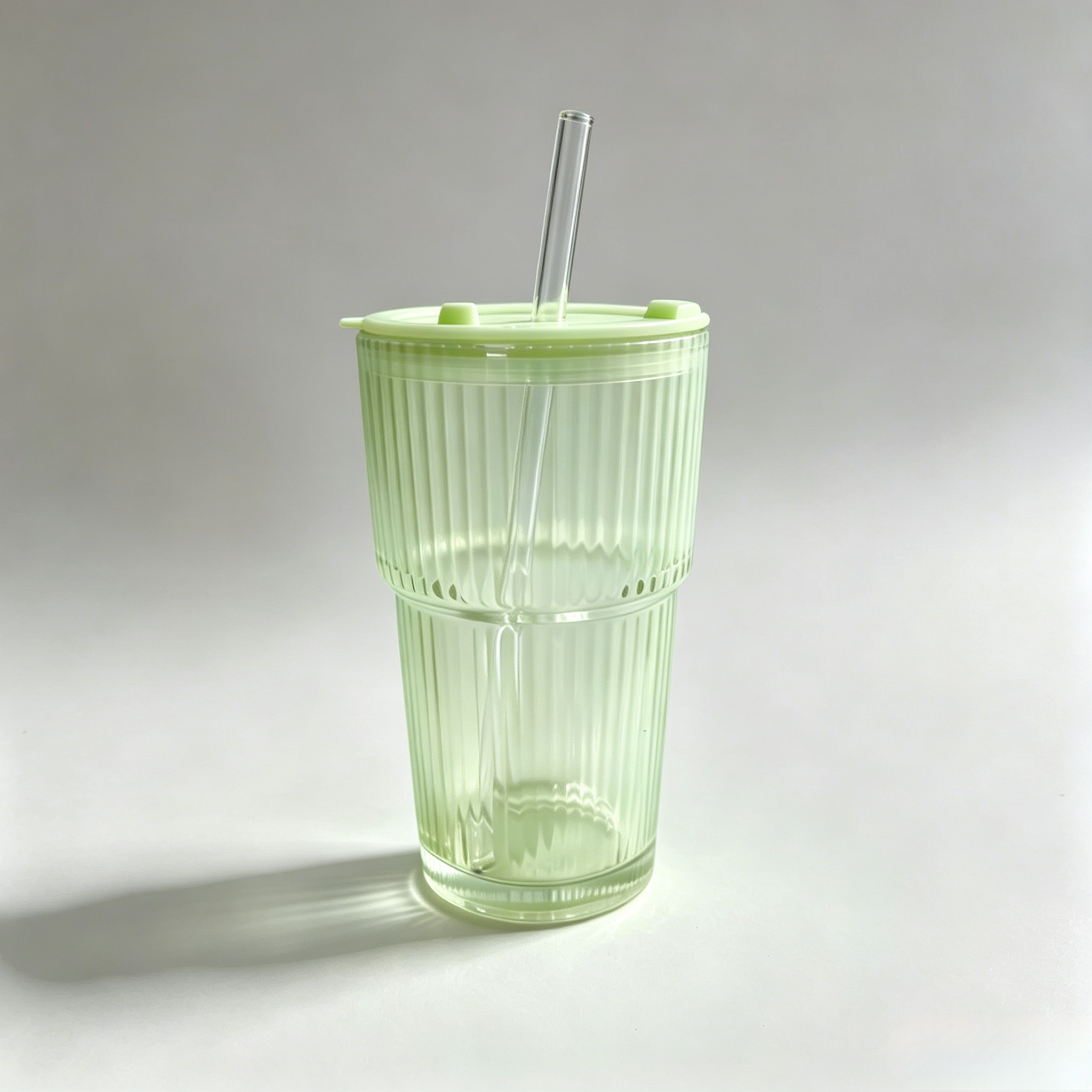 450ml Vertical Striped Glass Cup With Straw & Leak Proof Lid, Reusable Drinking Glass Mug for Home Office Daily Use