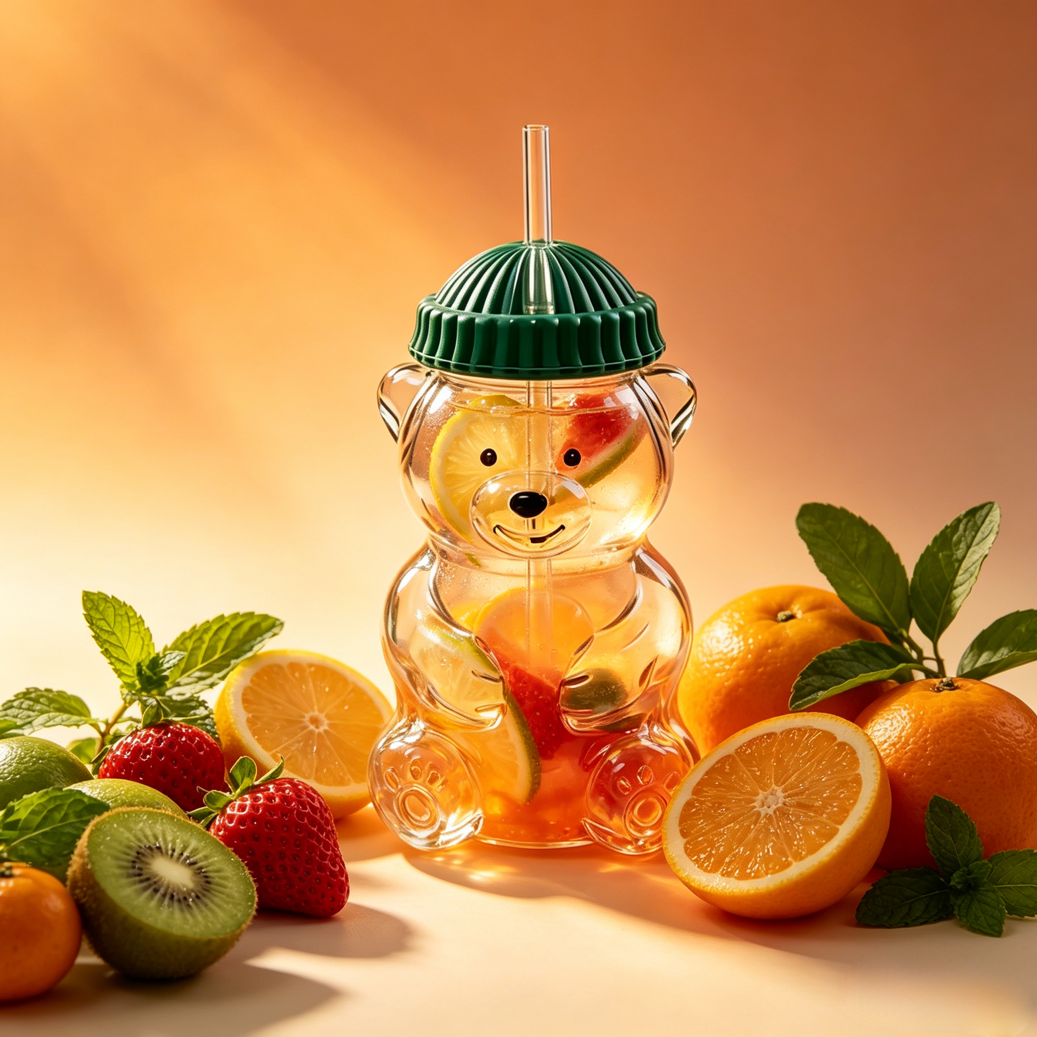 Bear Glass Cup、Glass Tumbler with Lid and Straw,600ml Cute Bear Glass Cup With Lid & Straw, Cartoon Drinking Mug for Juice Milk Coffee, Perfect Gift for Kids & Adults