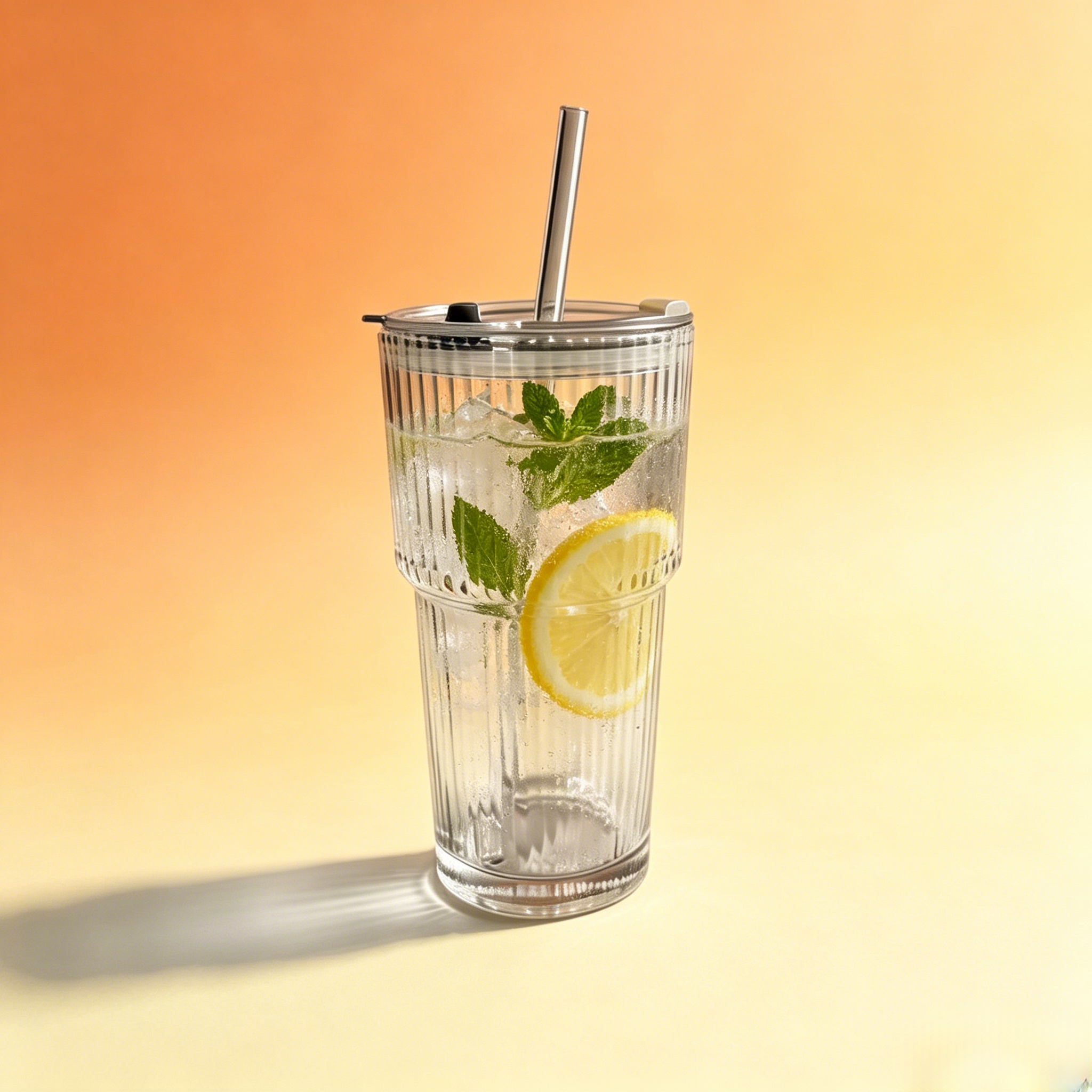 450ml Vertical Striped Glass Cup With Straw & Leak Proof Lid, Reusable Drinking Glass Mug for Home Office Daily Use