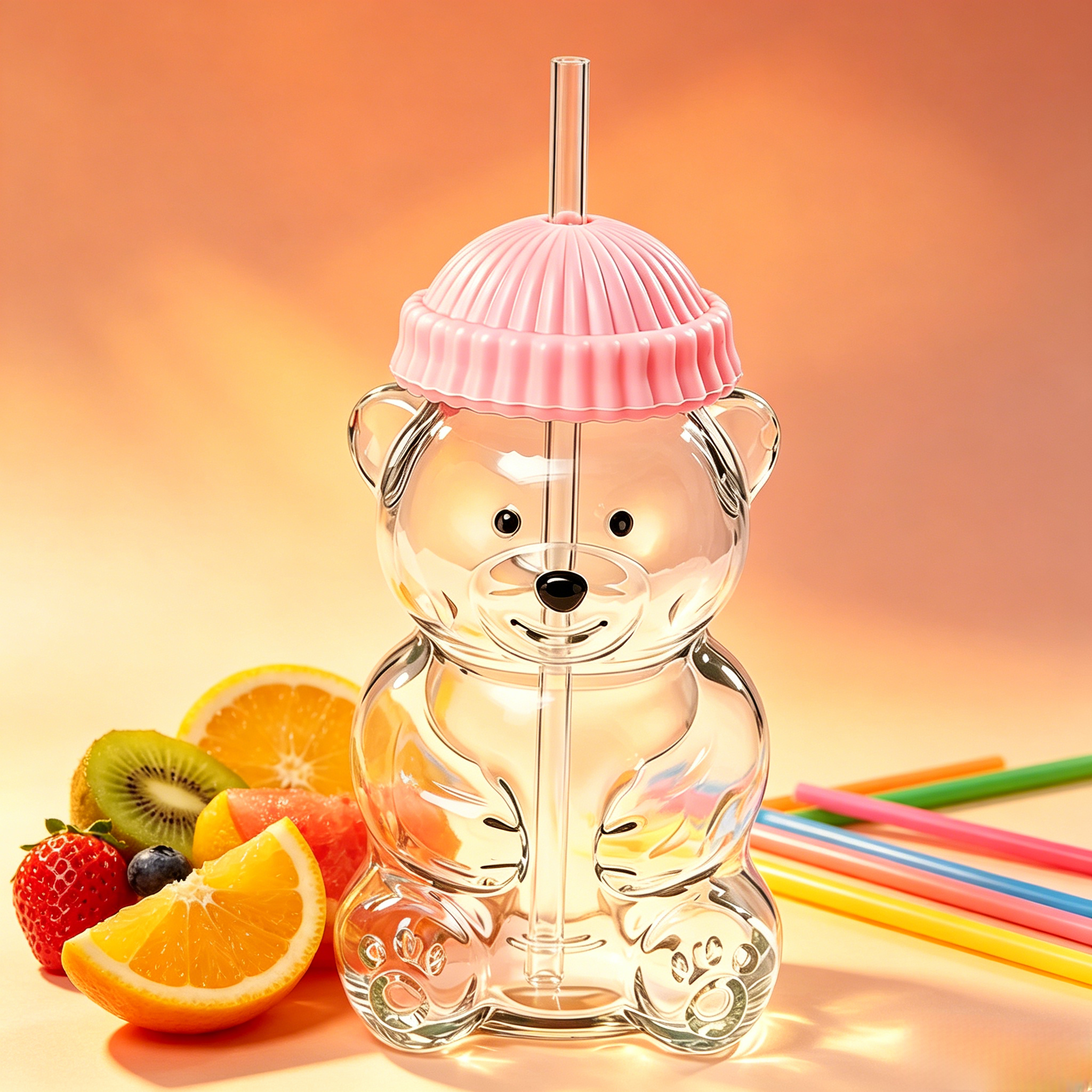Bear Glass Cup、Glass Tumbler with Lid and Straw,600ml Cute Bear Glass Cup With Lid & Straw, Cartoon Drinking Mug for Juice Milk Coffee, Perfect Gift for Kids & Adults