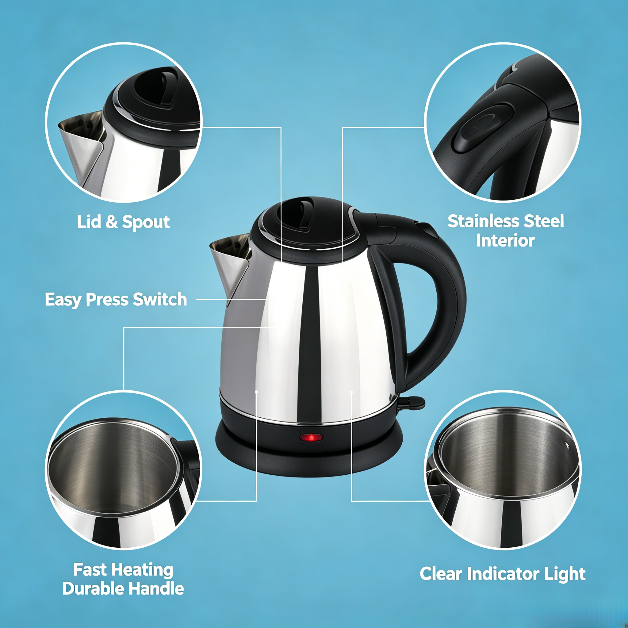 2.2L Stainless Steel Cordless Electric Kettle 1500W Fast Boil Water Boiler, Auto Shut Off & Anti Dry Protection, Anti-Splash U Spout Large Capacity Electric Water Heater for Home Kitchen Office Use