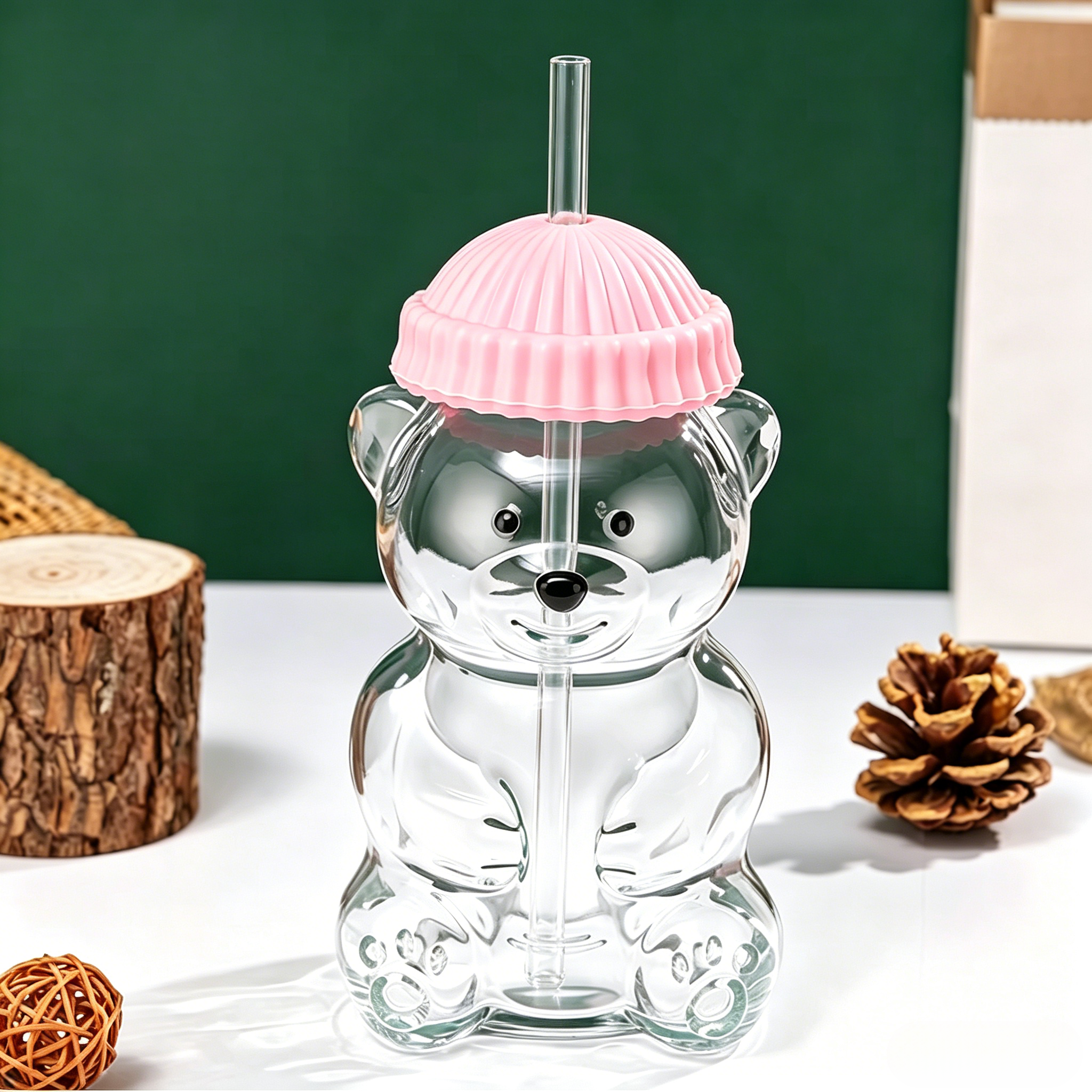 Bear Glass Cup、Glass Tumbler with Lid and Straw,600ml Cute Bear Glass Cup With Lid & Straw, Cartoon Drinking Mug for Juice Milk Coffee, Perfect Gift for Kids & Adults