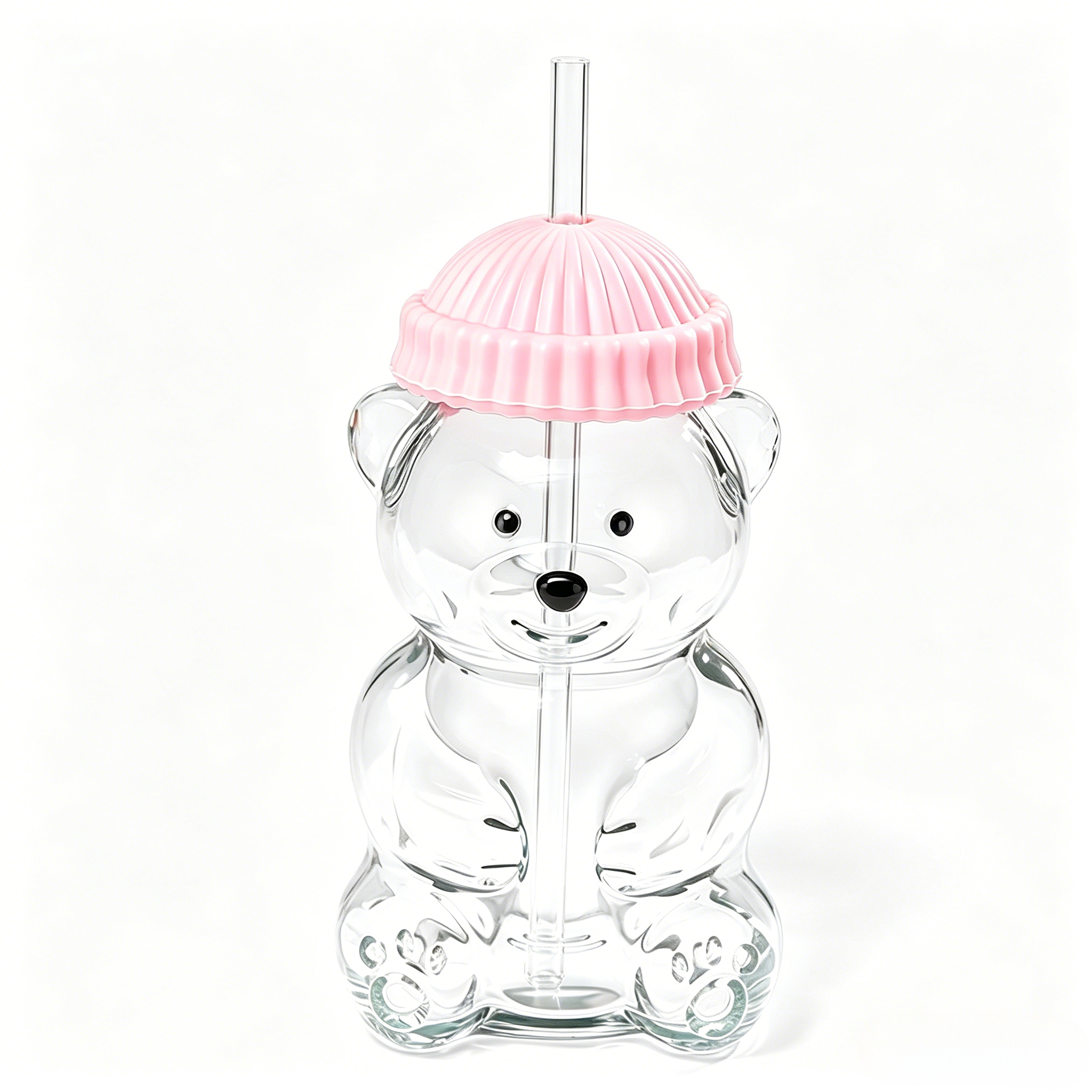 Bear Glass Cup、Glass Tumbler with Lid and Straw,600ml Cute Bear Glass Cup With Lid & Straw, Cartoon Drinking Mug for Juice Milk Coffee, Perfect Gift for Kids & Adults